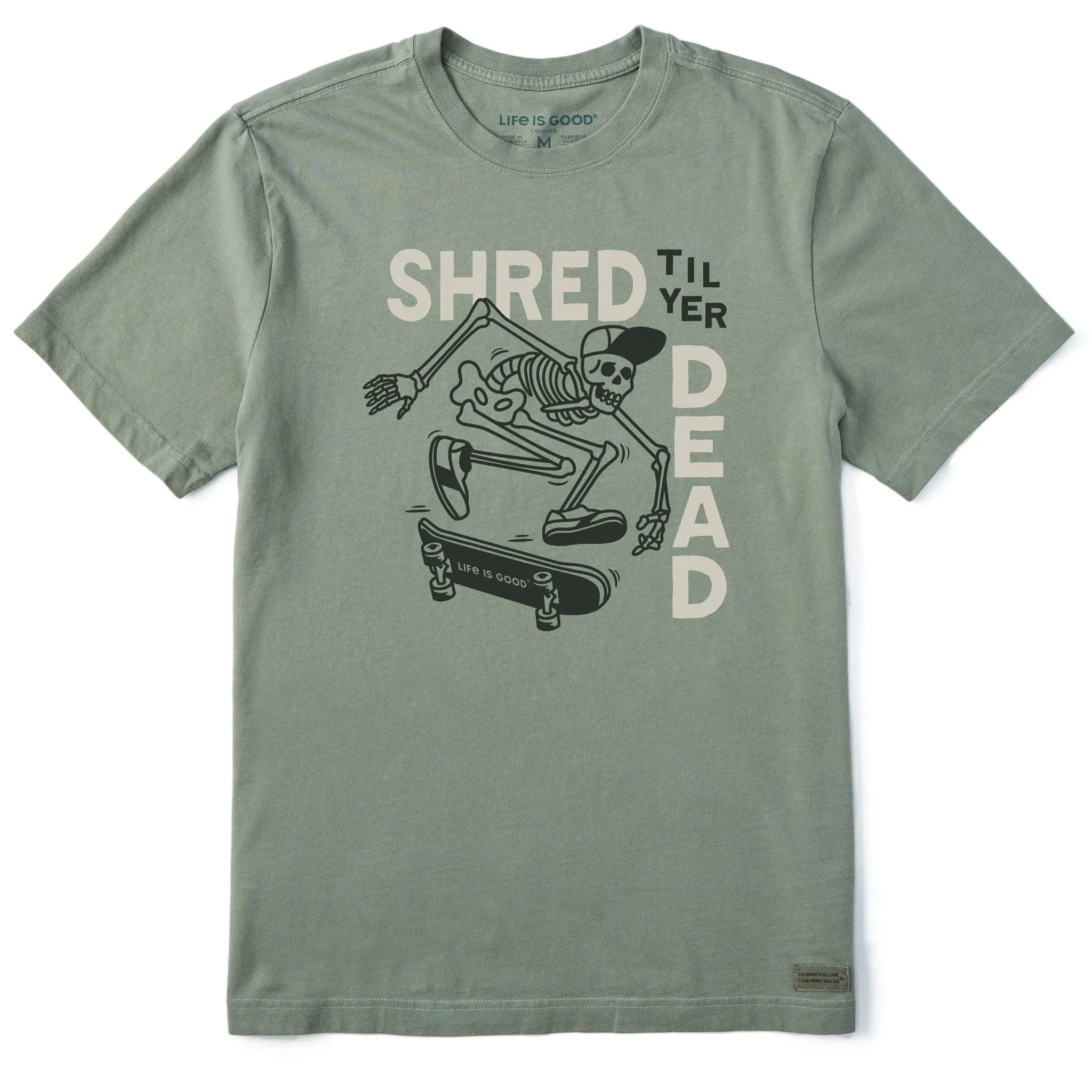 Men's Shred til yer Dead Skateboard Skeleton Short Sleeve Crusher Tee college