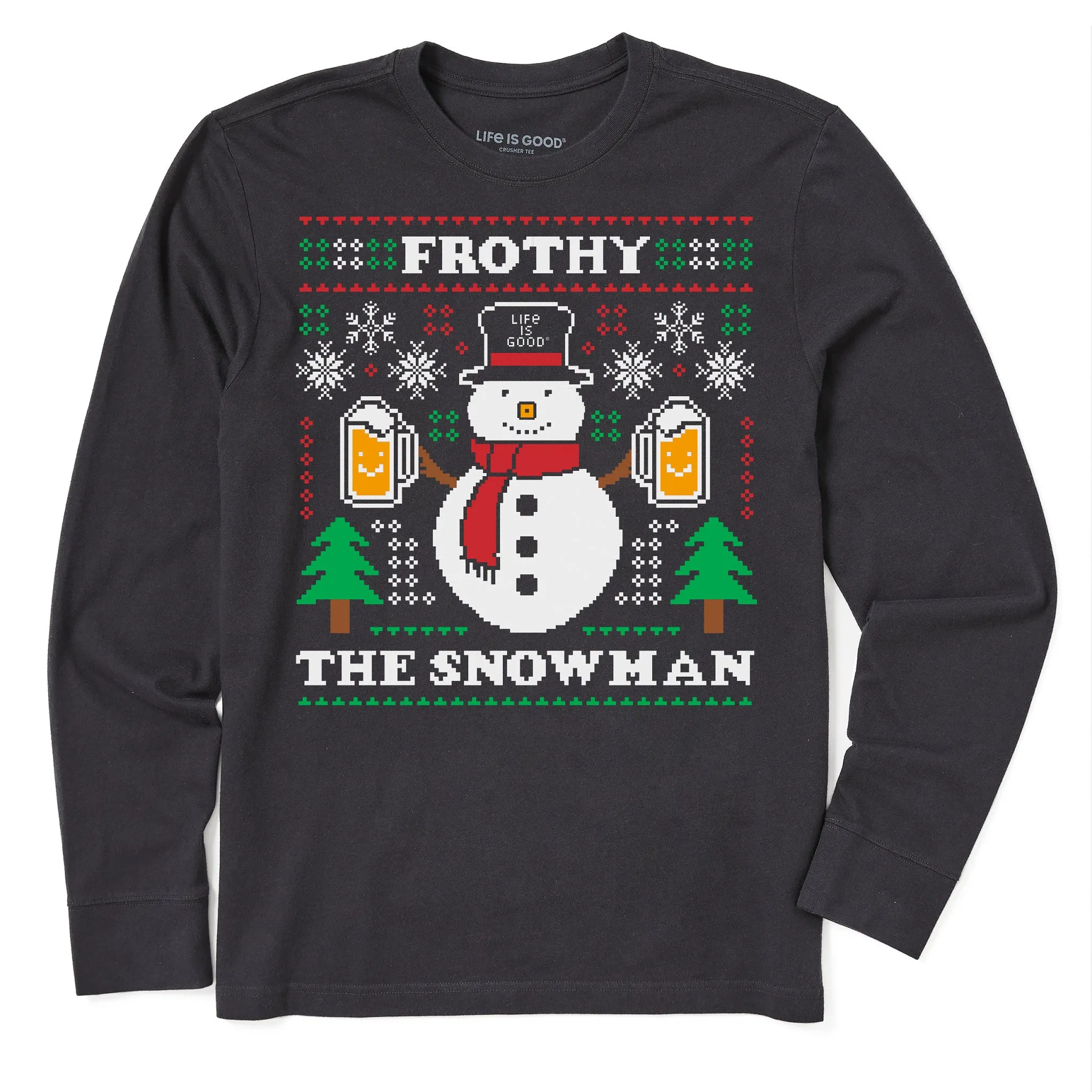 Men's Ugly Sweater Frothy the Snowman Long Sleeve Crusher Tee Seasonal Must-Have Sustainable Dye Process
