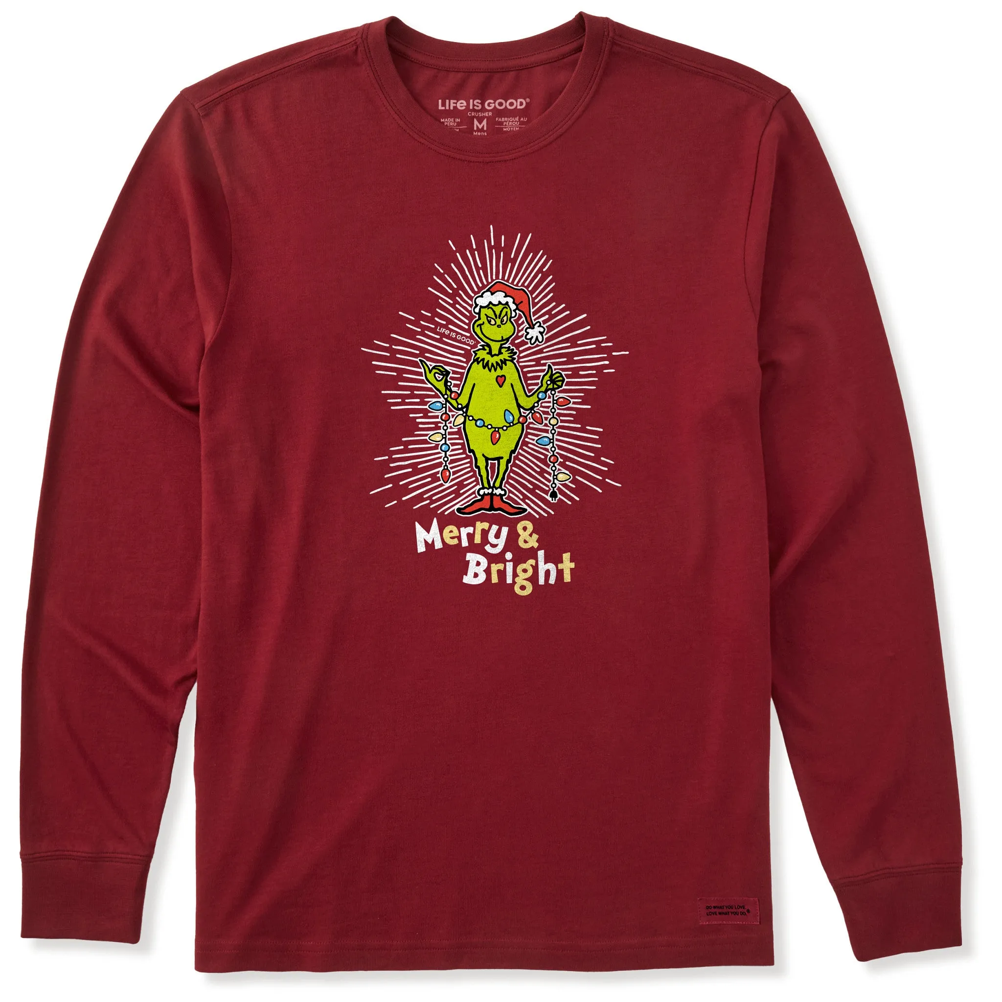 Men's Grinch Merry and Bright Long Sleeve Crusher Tee Essential Fashion