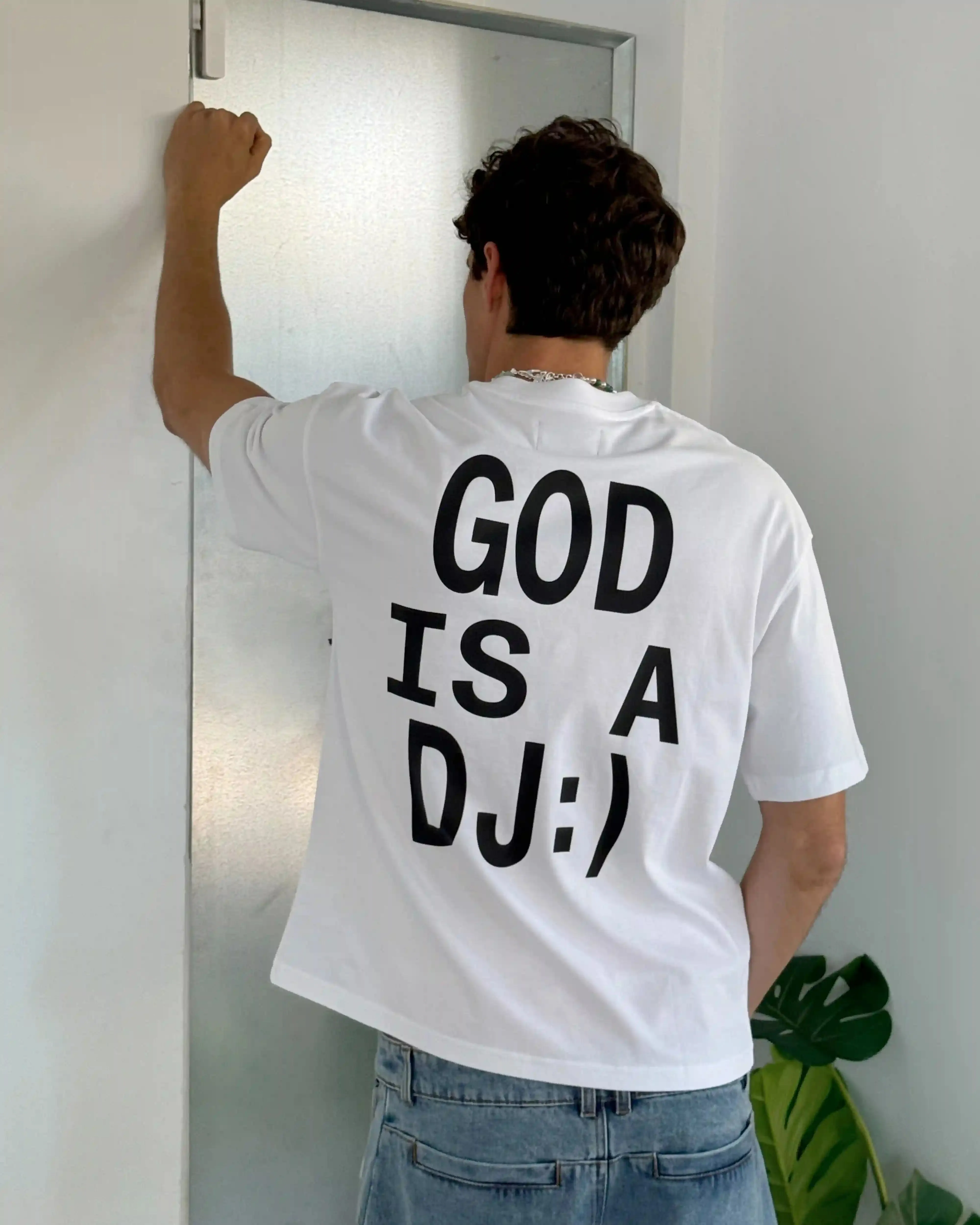 Fashion Ready Cool Weather Wear God is a DJ Tee White