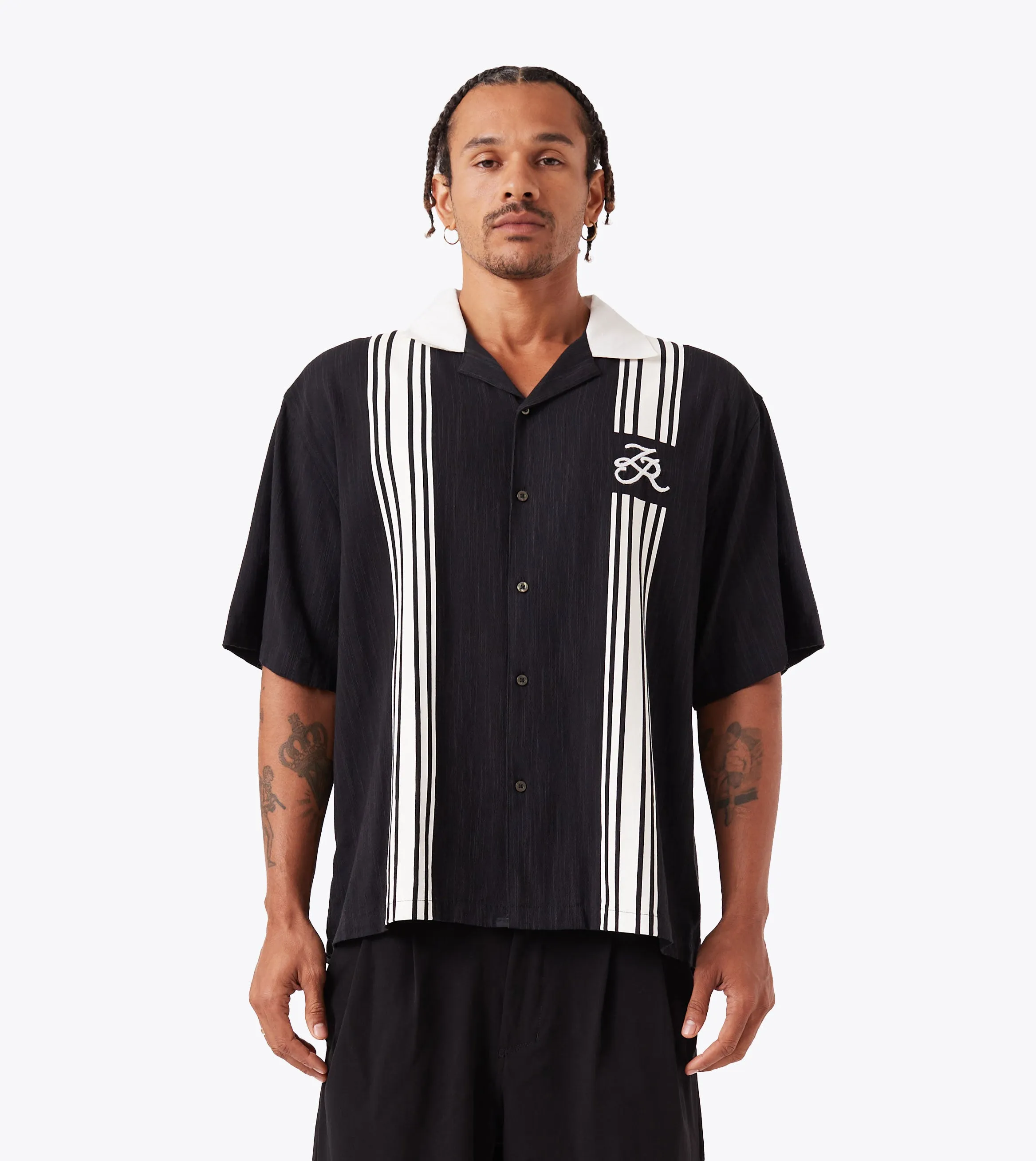 Bowling SS Shirt Black/White Comfortable Outerwear Raw Linen