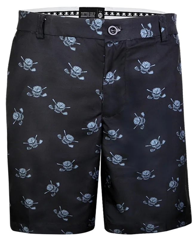 Cozy Style Tattoo Golf: Men's Dancing Skulls Cool-Stretch Shorts - Black/Charcoal