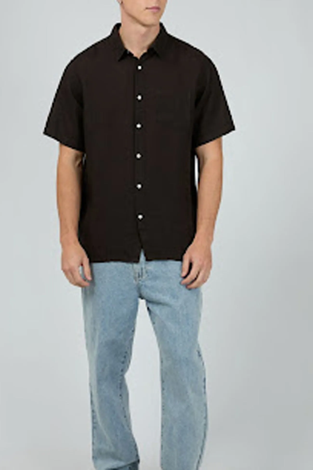 Linen Short Sleeve Shirt Black Slim Fit Wear