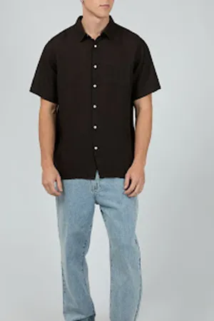 Linen Short Sleeve Shirt Black Slim Fit Wear