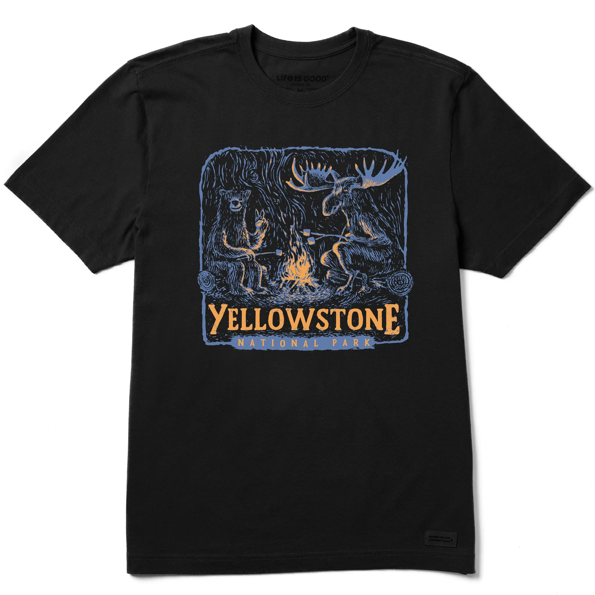 Men's Yellowstone Bear and Moose Camp Scene Short Sleeve Crusher Tee Garment Dyed Technique RibbedNeckBanding