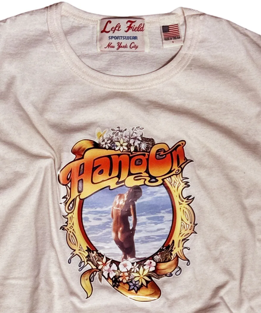 Hang on Roach heat transfer tee on Flamingo Heather Cotton Crew tee Stream Fit