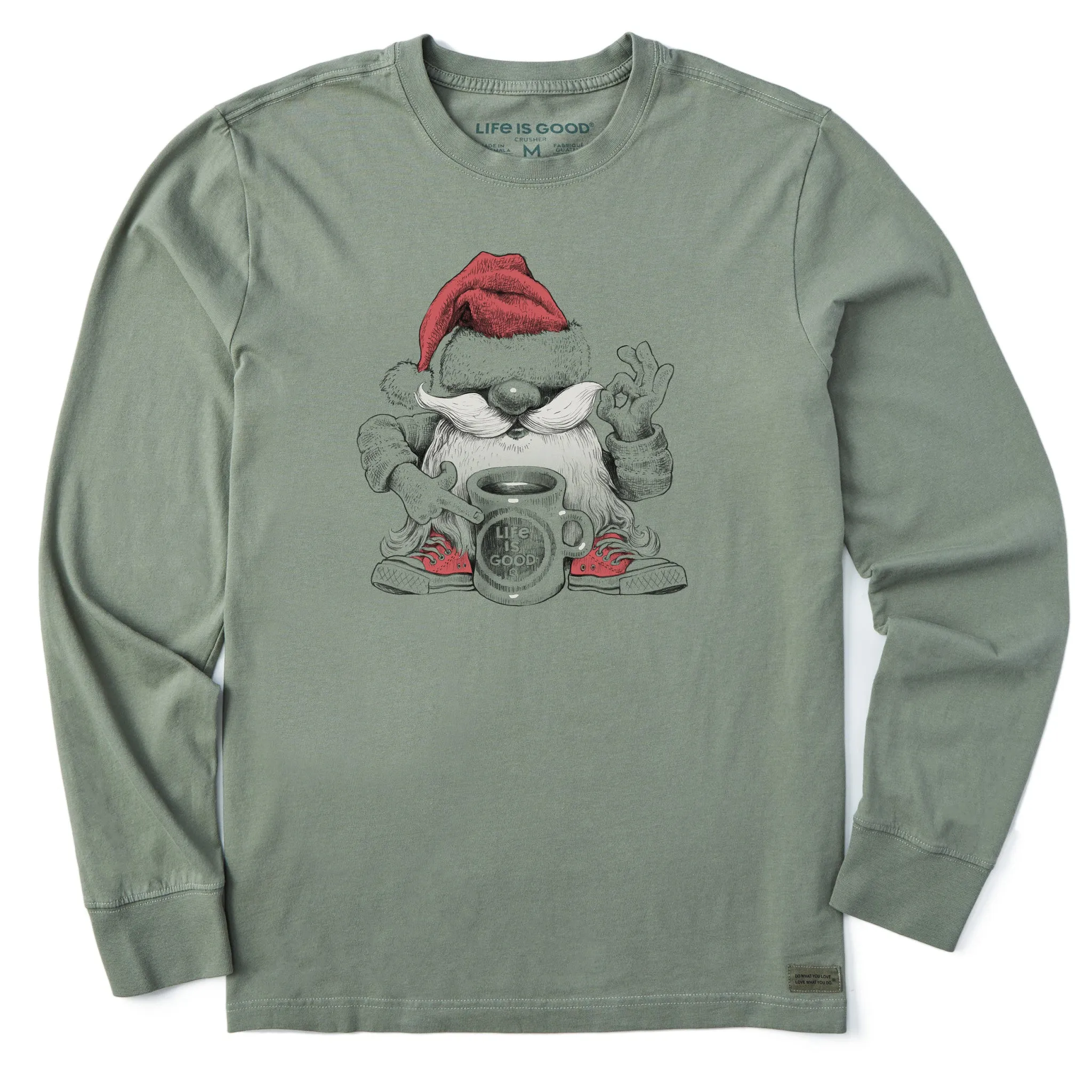 Men's Winter Gnome with Coffee Long Sleeve Crusher Tee Adjustable Fit Natural Fiber Blend