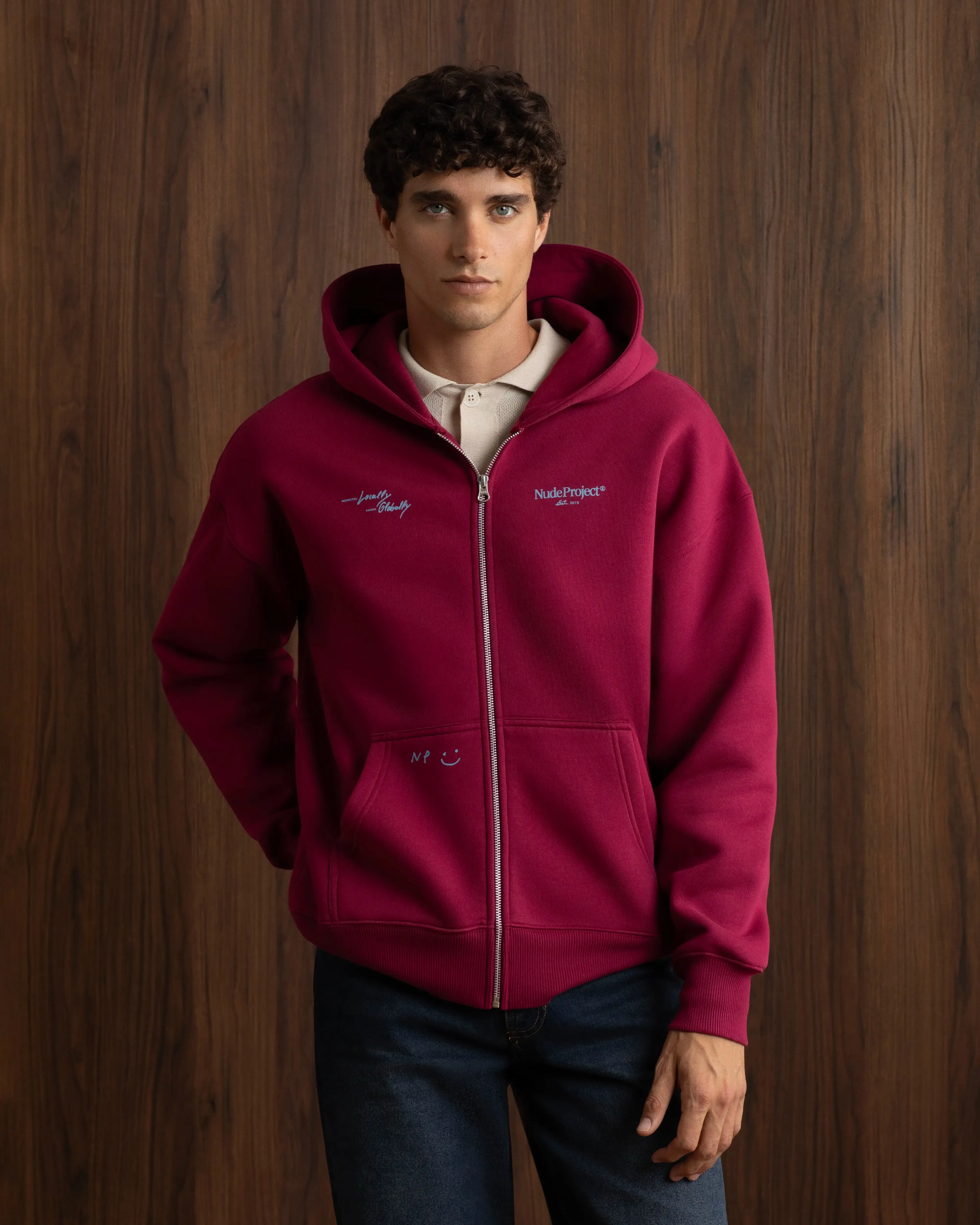 Global Soon Zip-Up Hoodie Burgundy Breathable Material