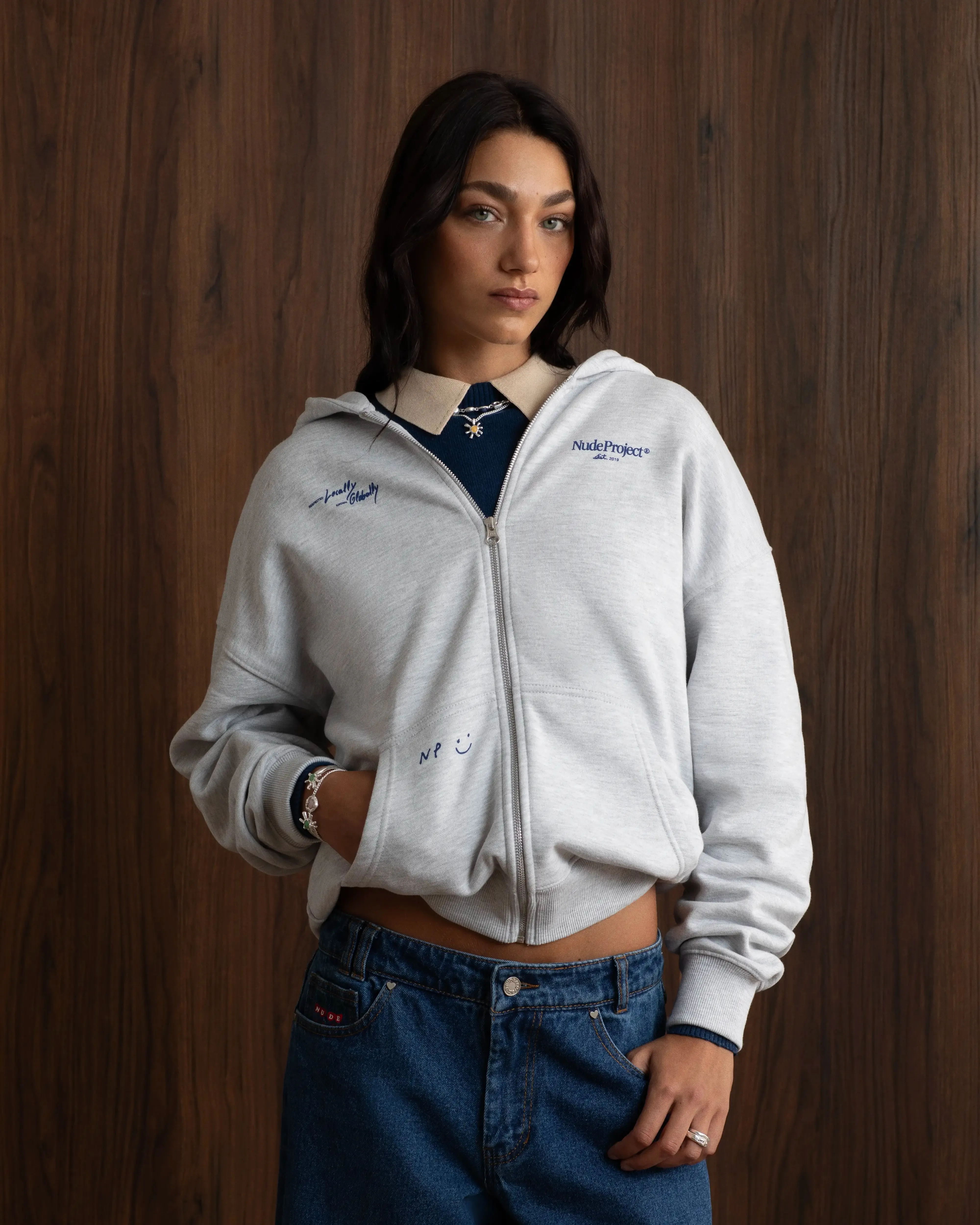 Global Soon Zip-Up Hoodie Grey school wear Lounge Wear