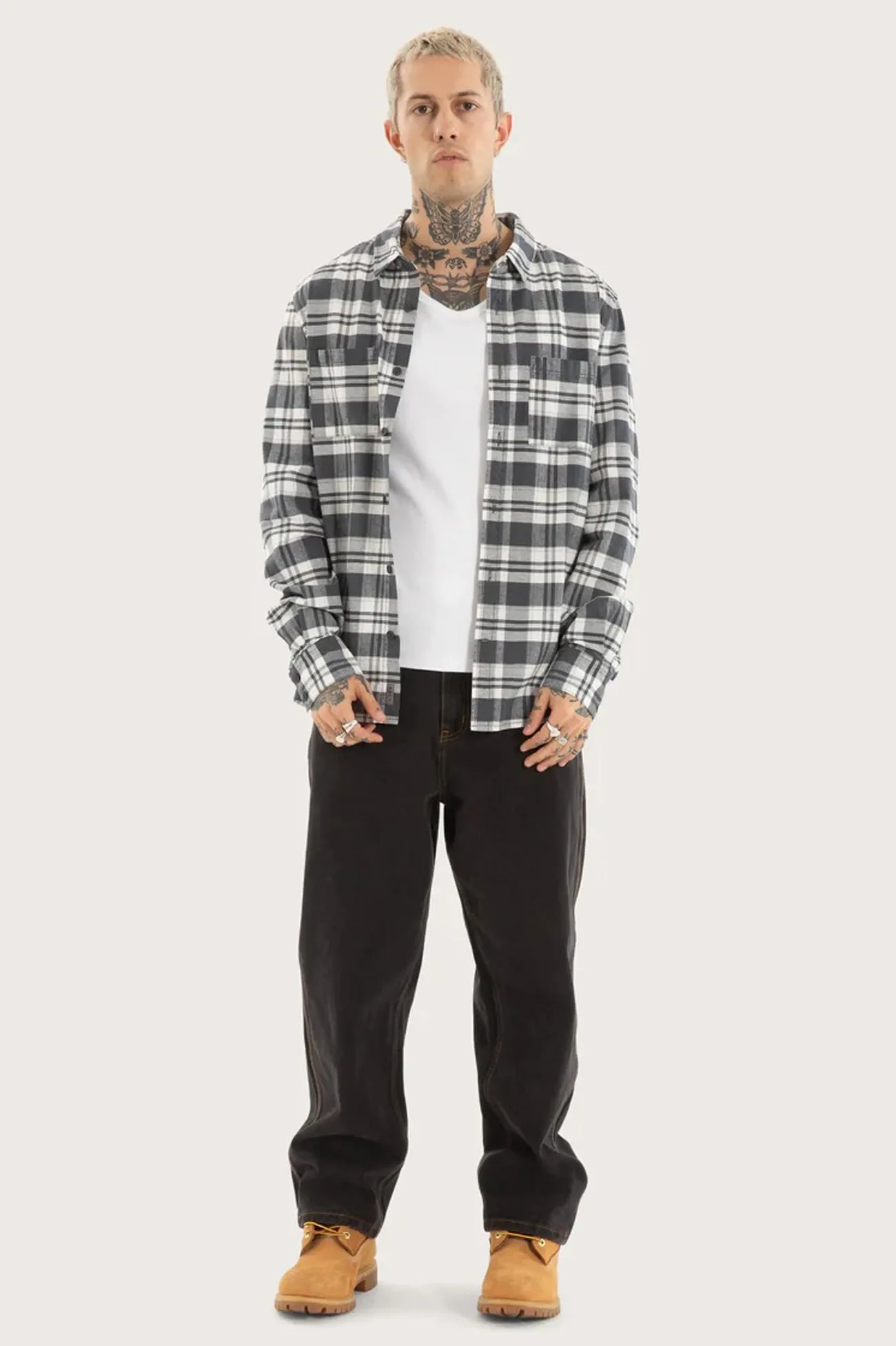 Horizons Long Sleeve Shirt Grey Check Roomy Waist All-Day Wear