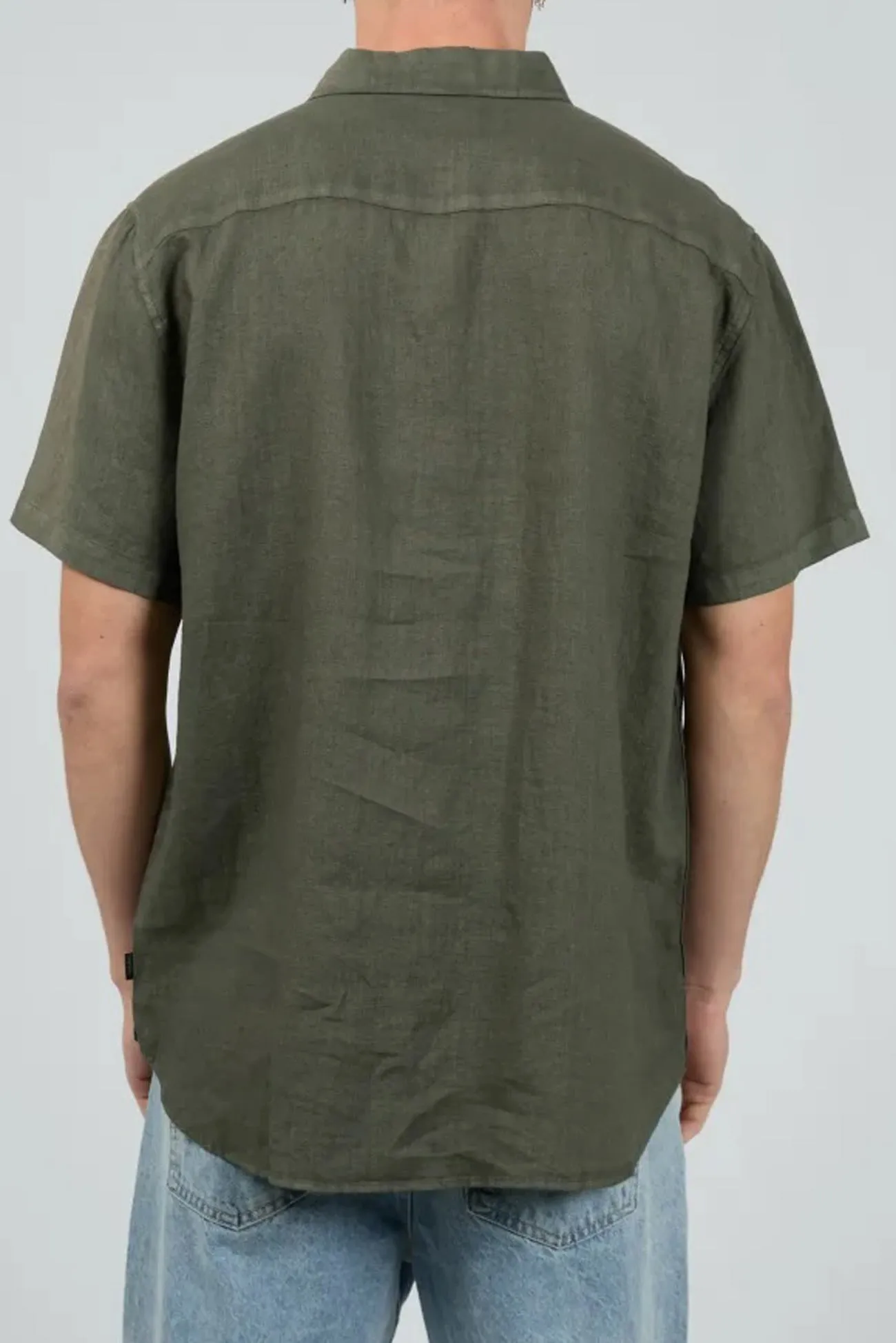 Linen Short Sleeve Shirt Olive Thermal Regulation Fabric