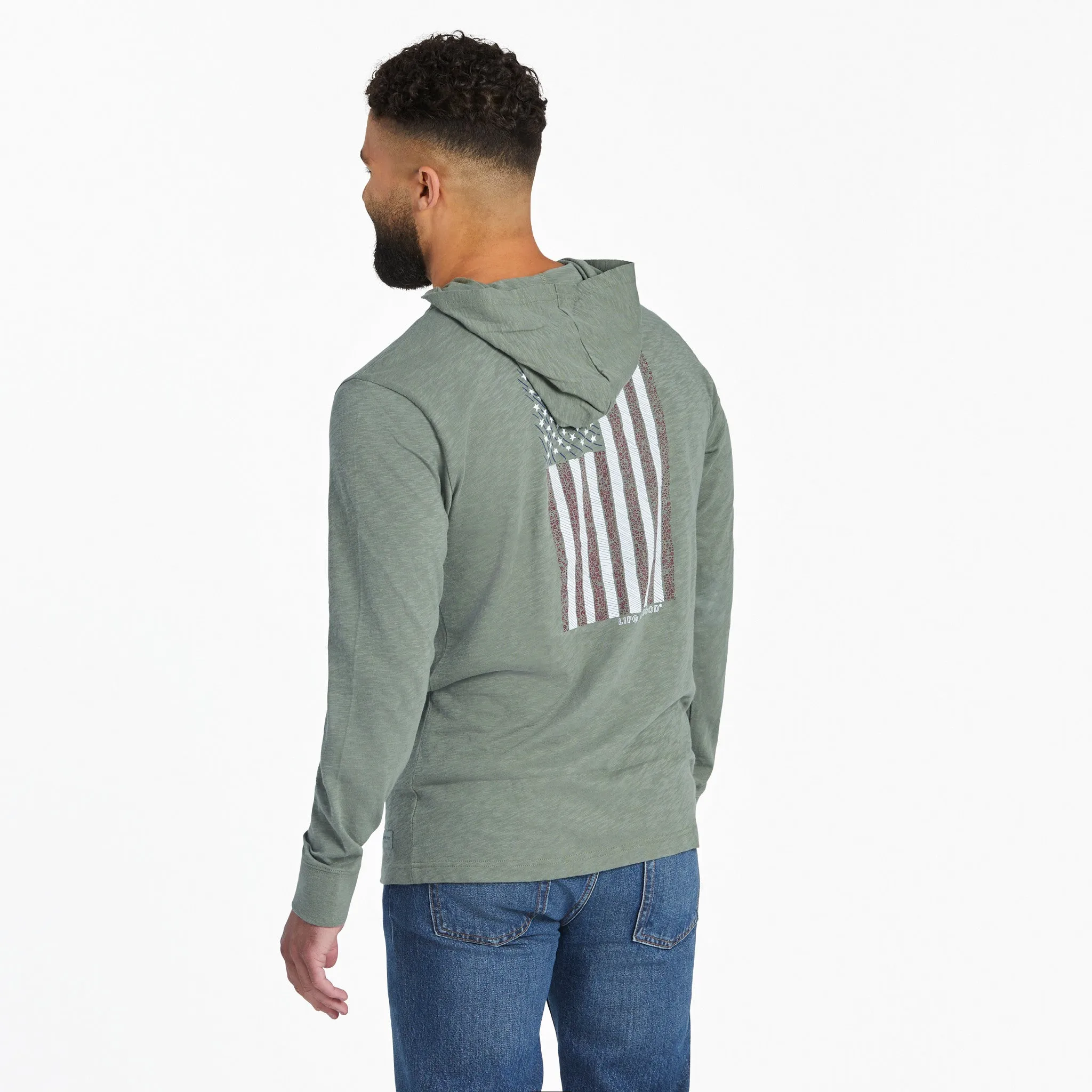 Comfortable and Chic Light and Breathable Men's Vertical USA Flag Hand Drawn Textured Slub Hoodie