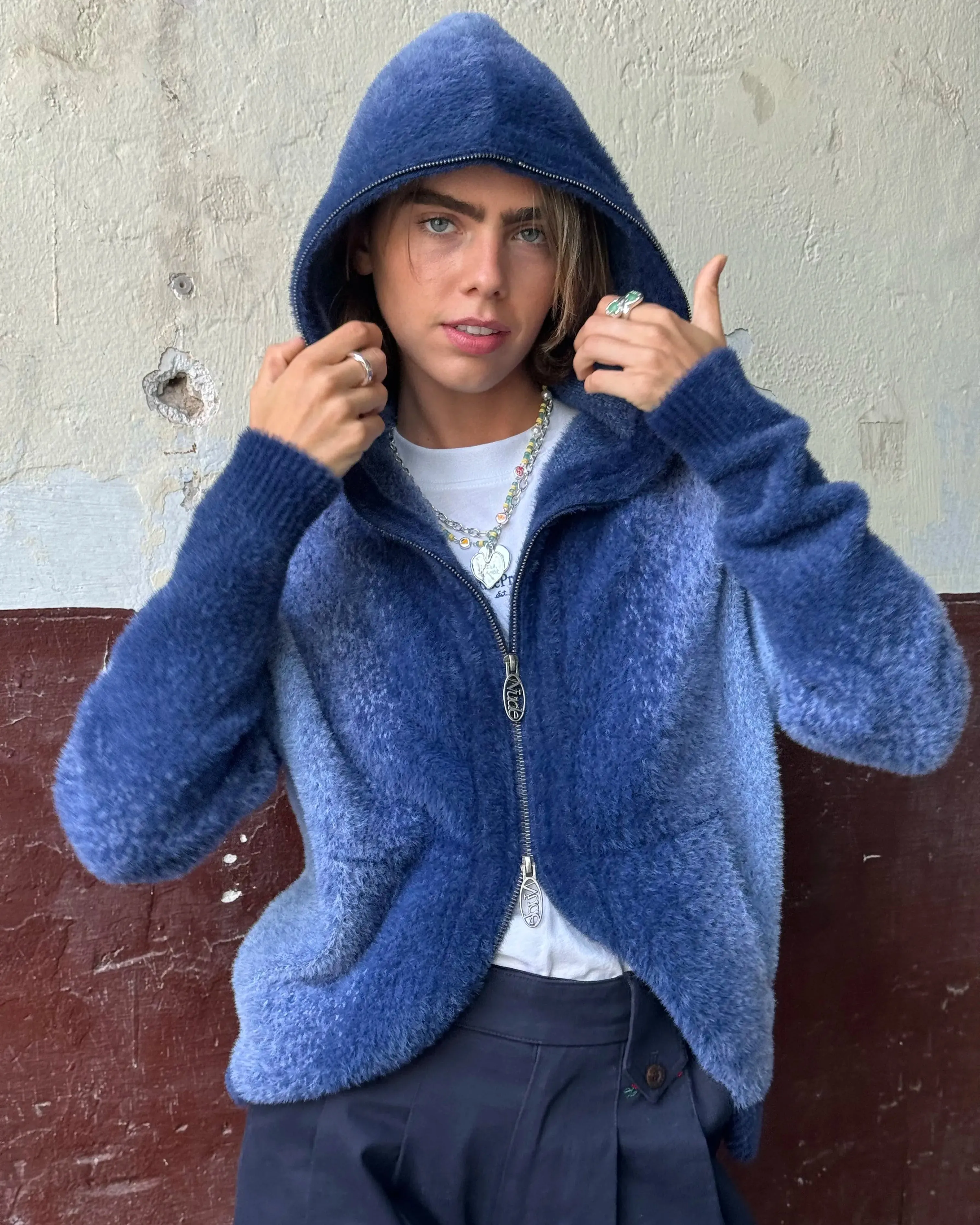 Morning Wear Gradient Zip-Up Knit Hoodie Blue