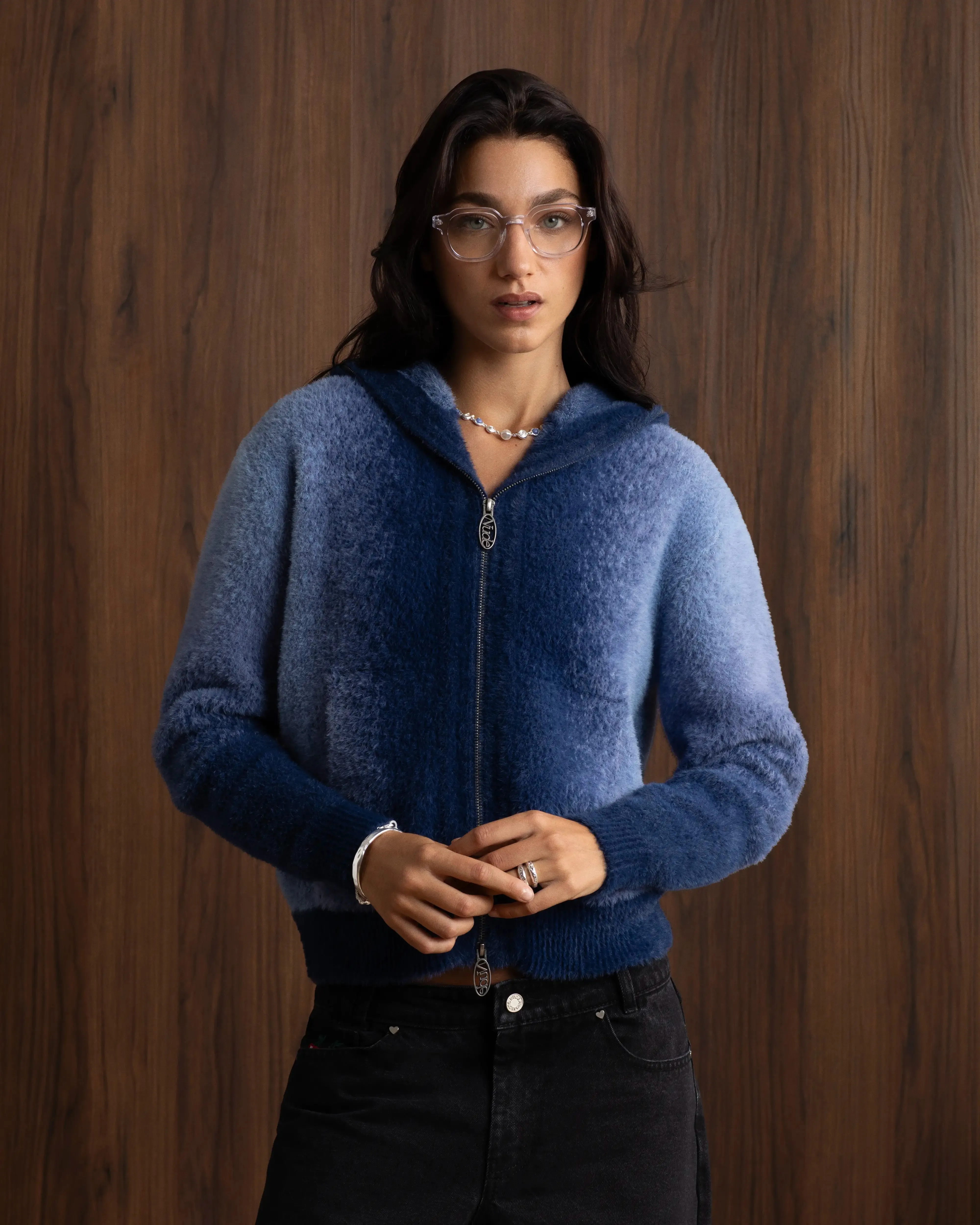 WrinkleResistant Knit Gradient Zip-Up Knit Hoodie Blue