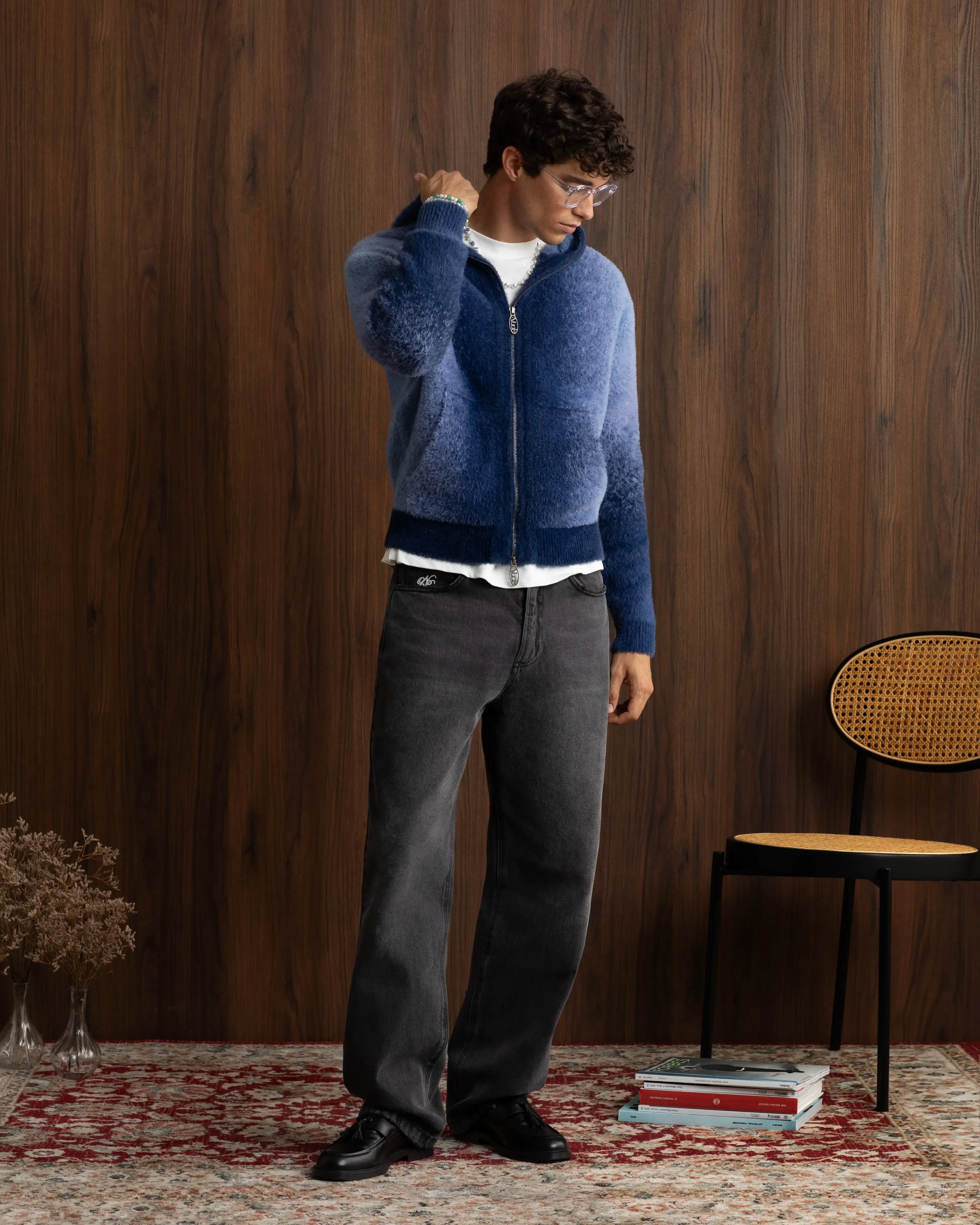 Winter Days Non Irritating Edging Gradient Zip-Up Knit Hoodie Blue