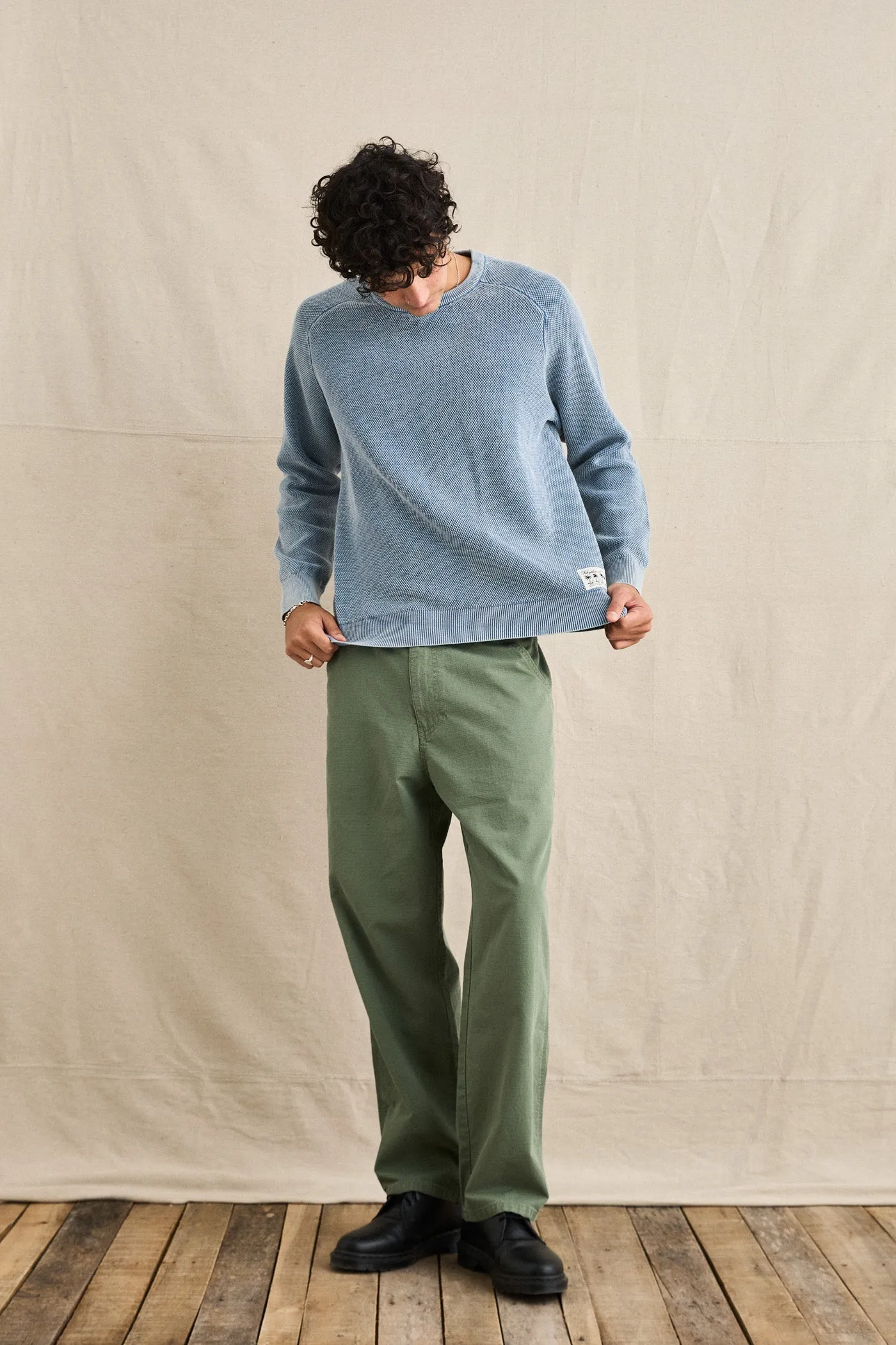 Comfortable Drape Versatile Piece Polu Crew Knit Washed Blue
