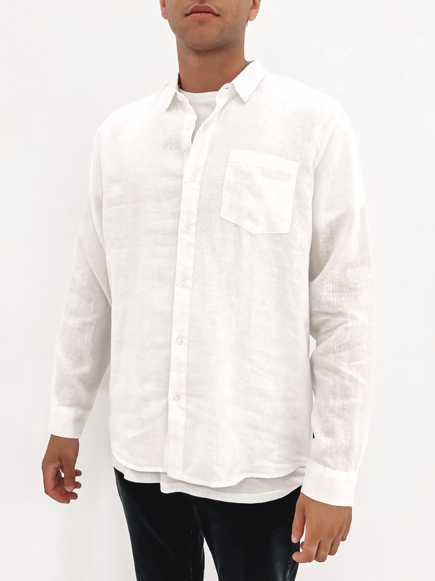All Purpose Wear Casual Layering Wear Linen Long Sleeve Shirt White