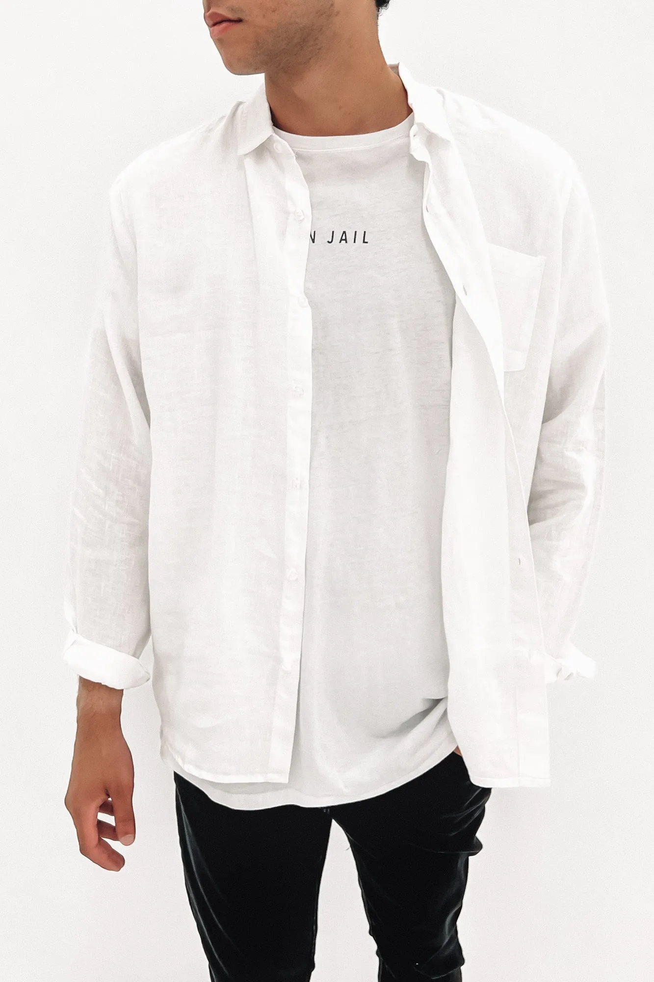 Sporty Style Linen Long Sleeve Shirt White