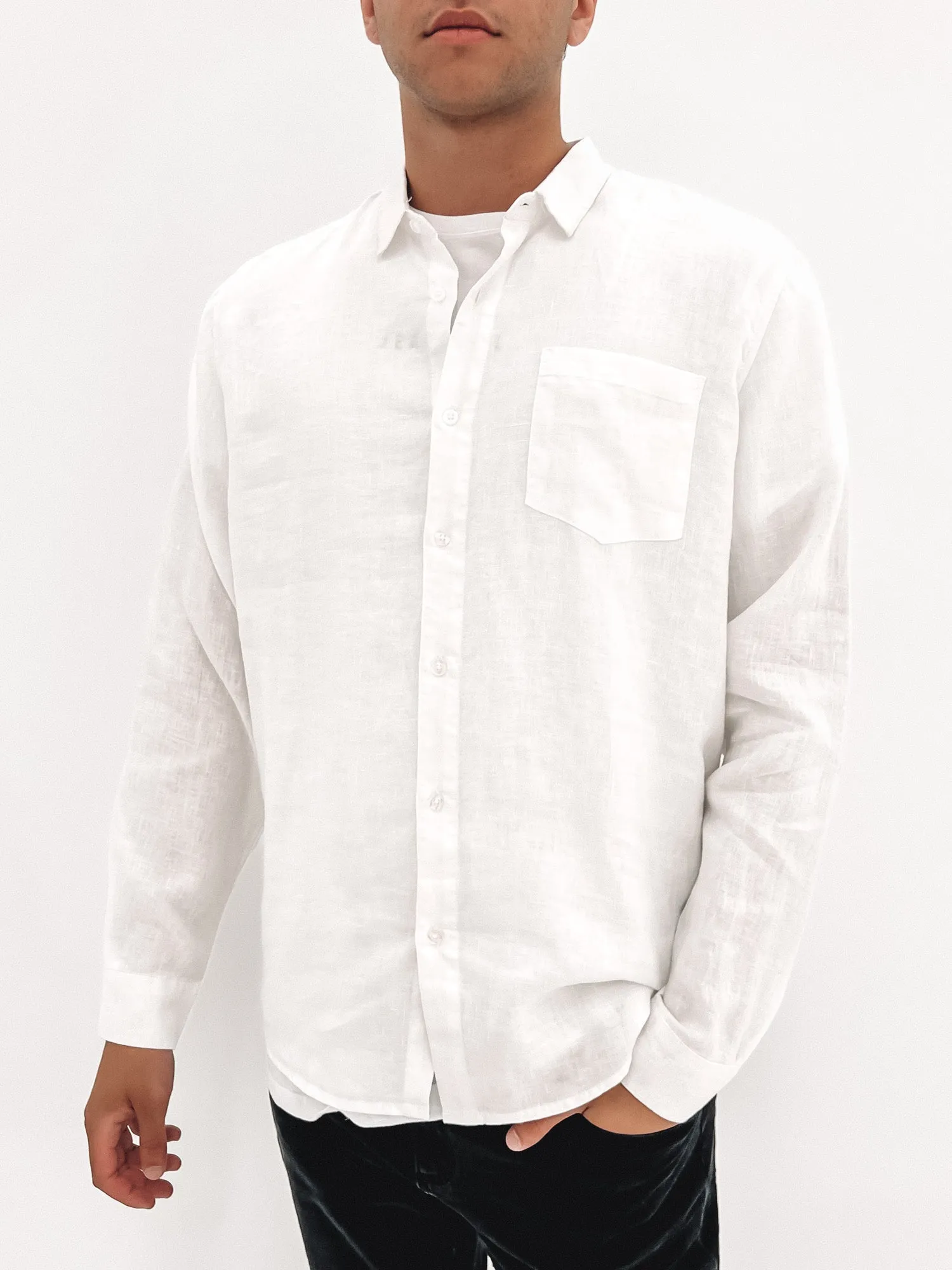 Fade Resistant Coating Linen Long Sleeve Shirt White