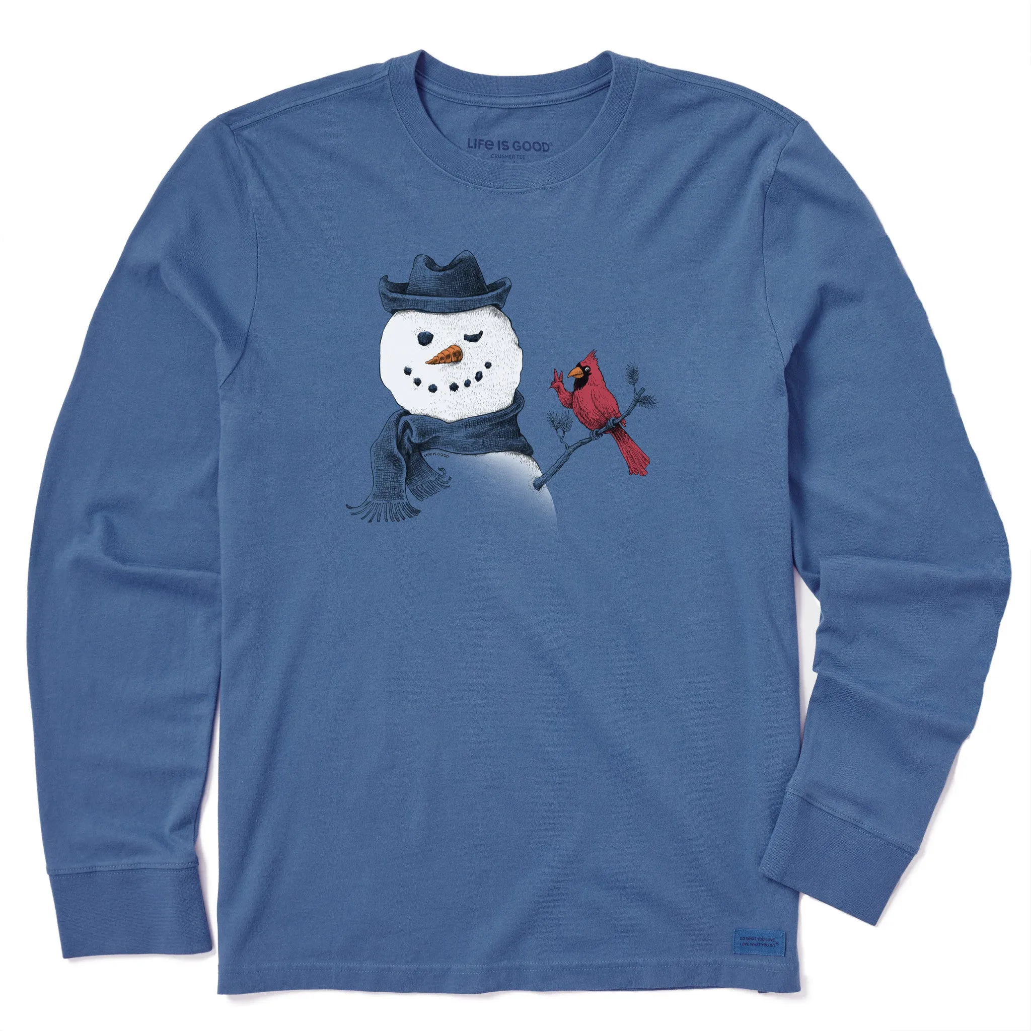 Skin Friendly Lining Classic Fit Men's Peaceful Snowman w Cardinal Long Sleeve Crusher Tee