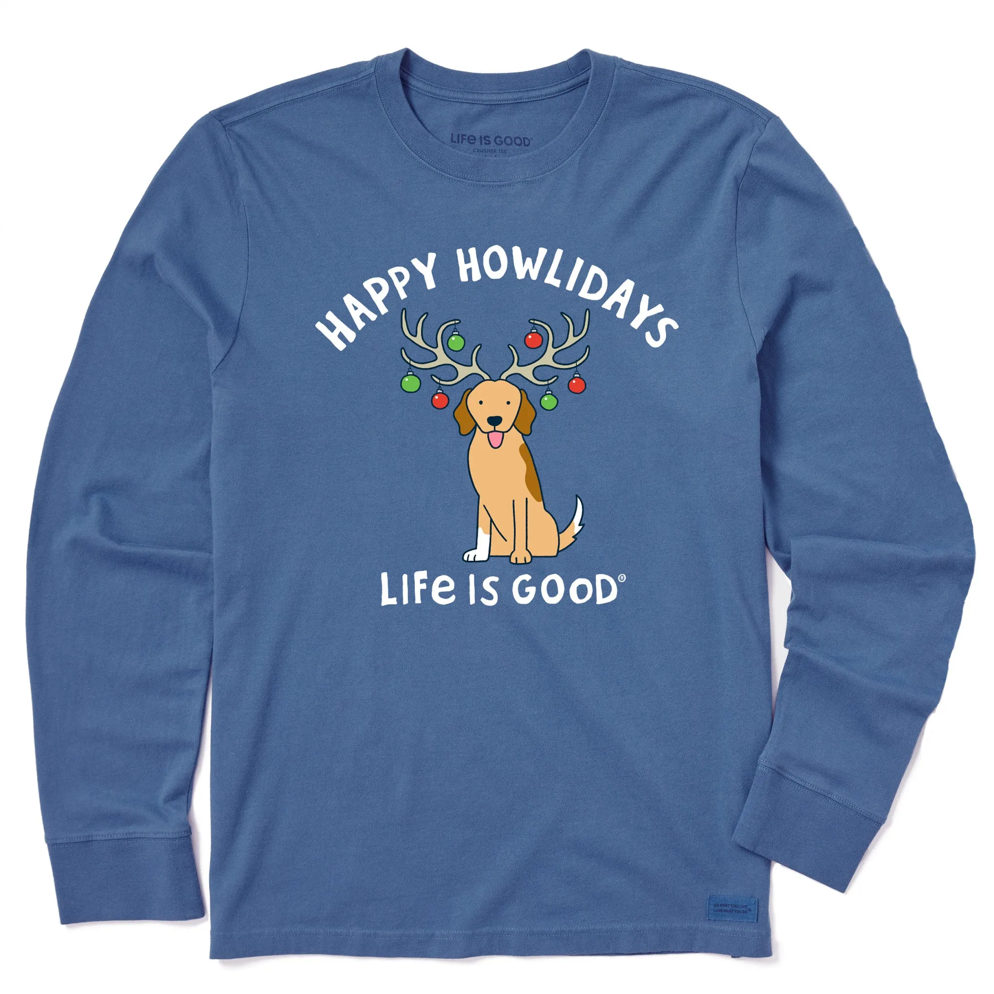 Men's Happy Howlidays Golden Dog Long Sleeve Crusher Tee Smooth Jersey Texture City Casual