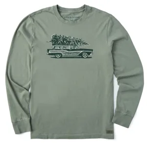 Men's Photo Christmas Tree Wagon Long Sleeve Crusher Tee casual top