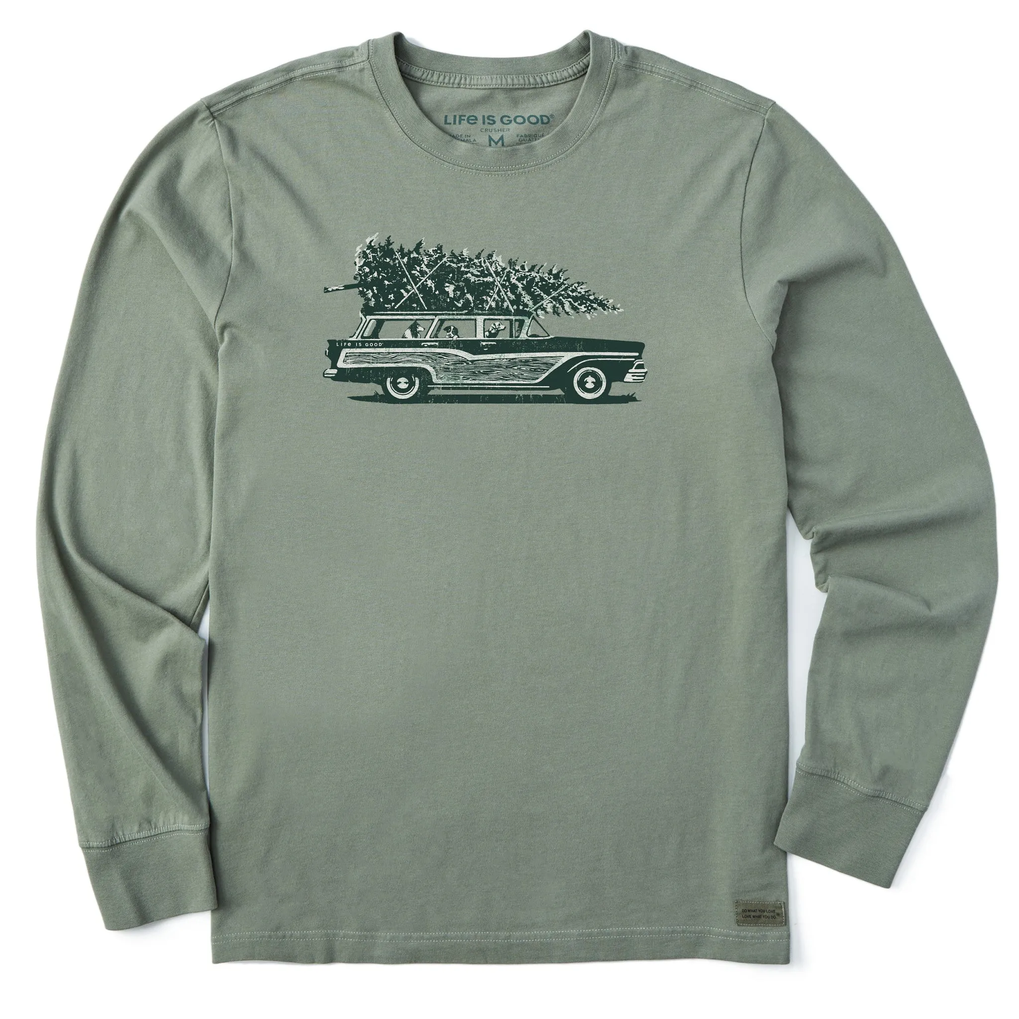 Men's Photo Christmas Tree Wagon Long Sleeve Crusher Tee Water Based Ink Print Trendy Layering
