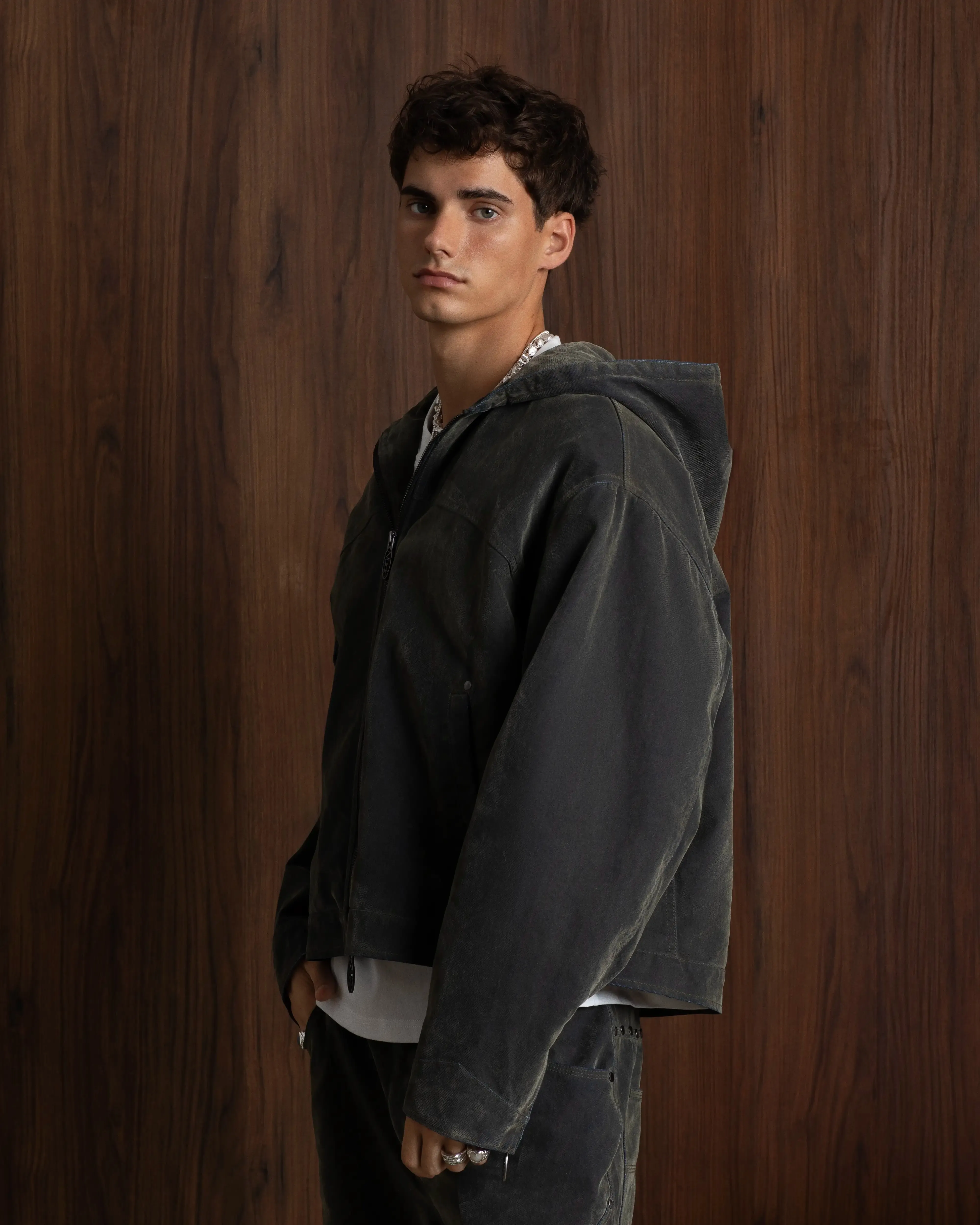 Velvet Denim Worker Jacket High Neck