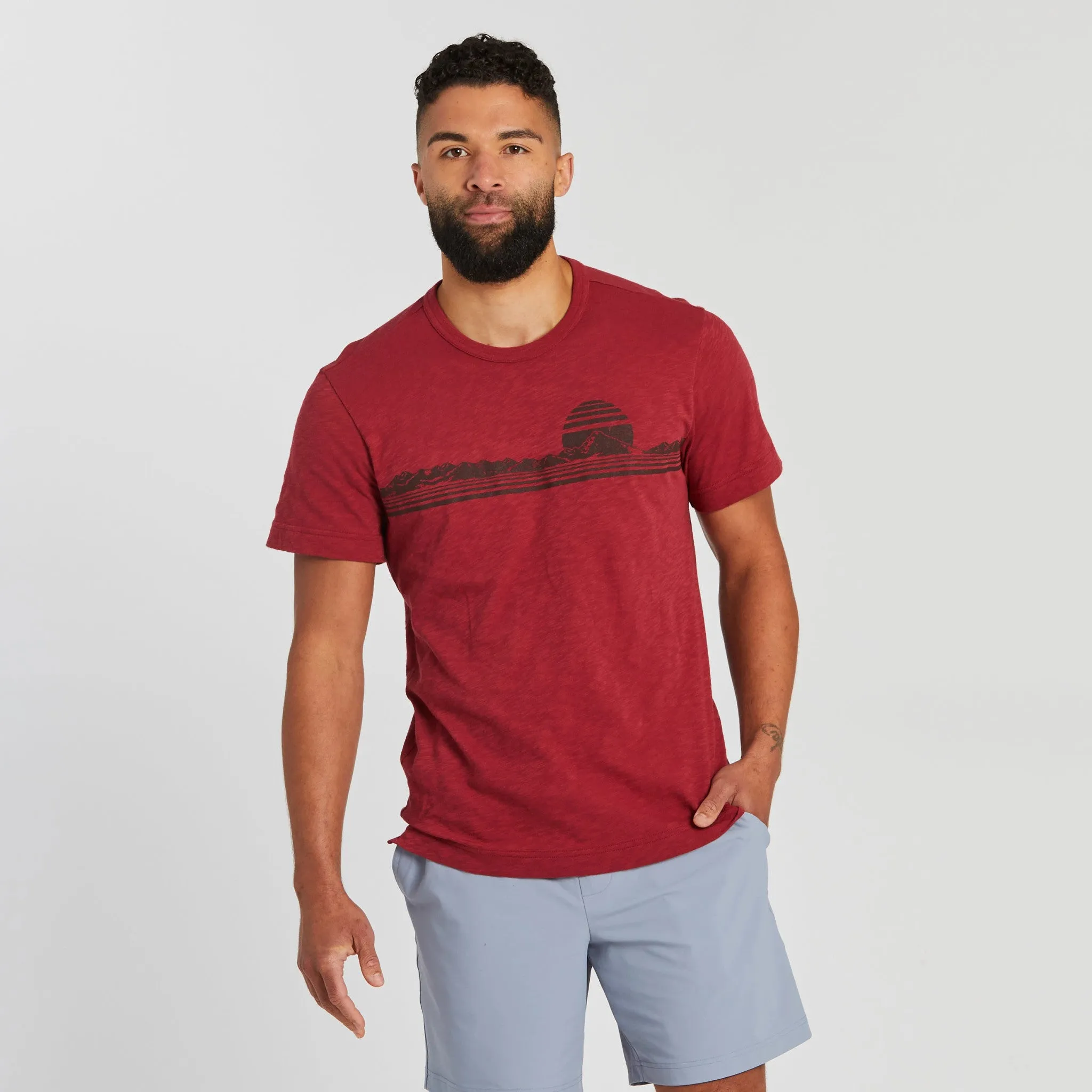 Men's Retro Mountainscape Textured Slub Tee LayeringFriendly Evergreen