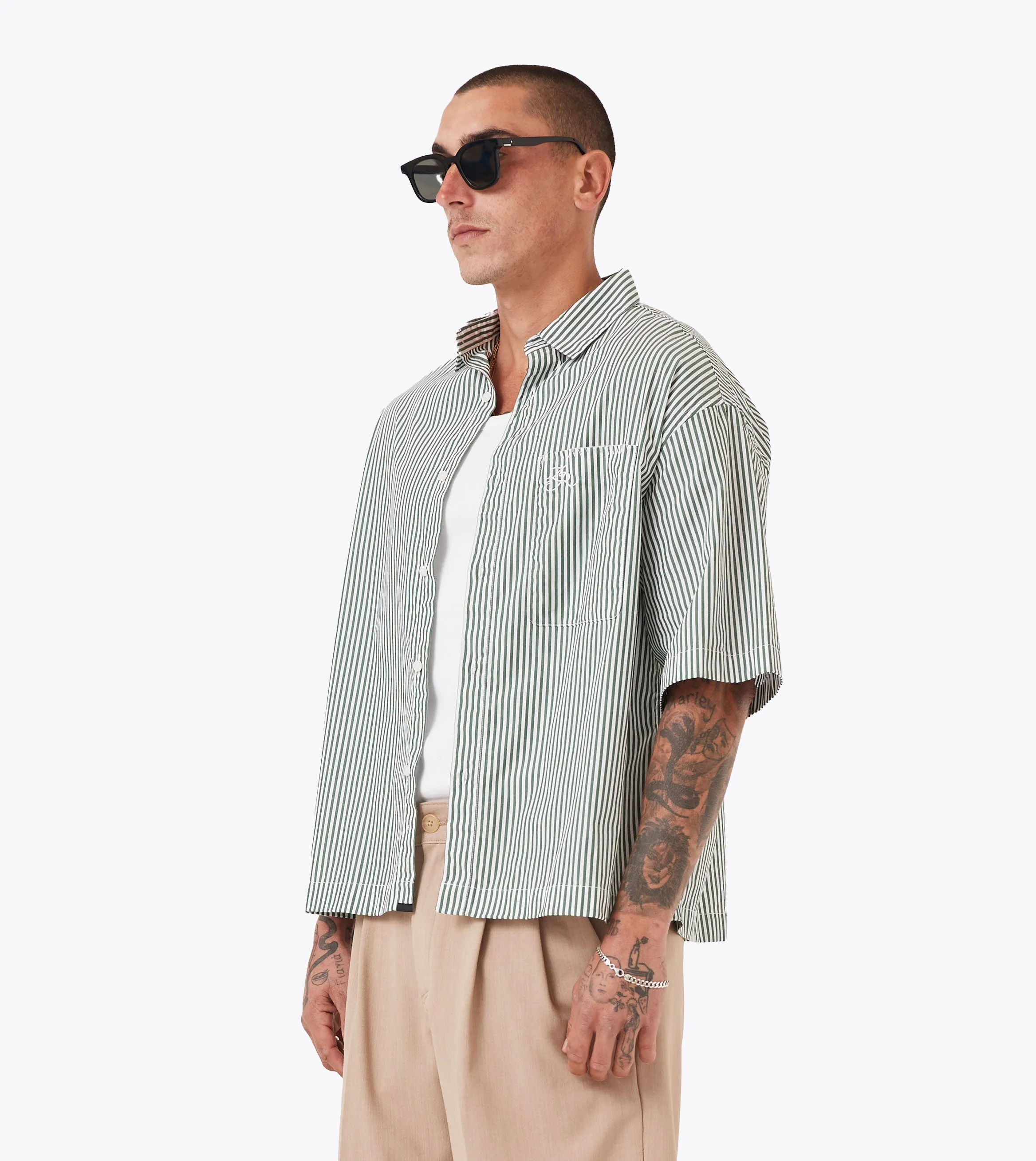 Antistatic Box Crop Shirt Green Stripe