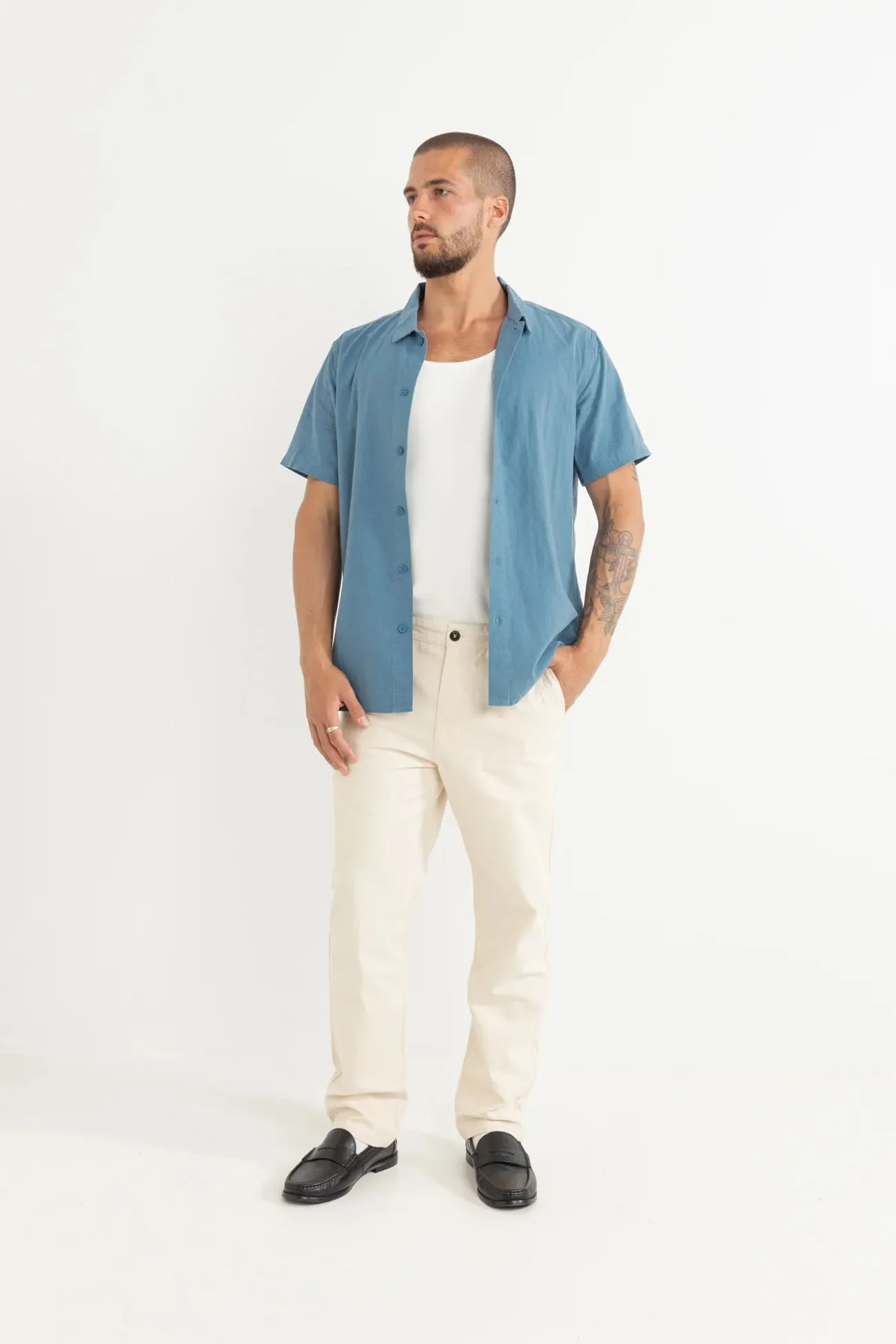City Smart Classic Linen Short Sleeve Shirt Mineral Blue