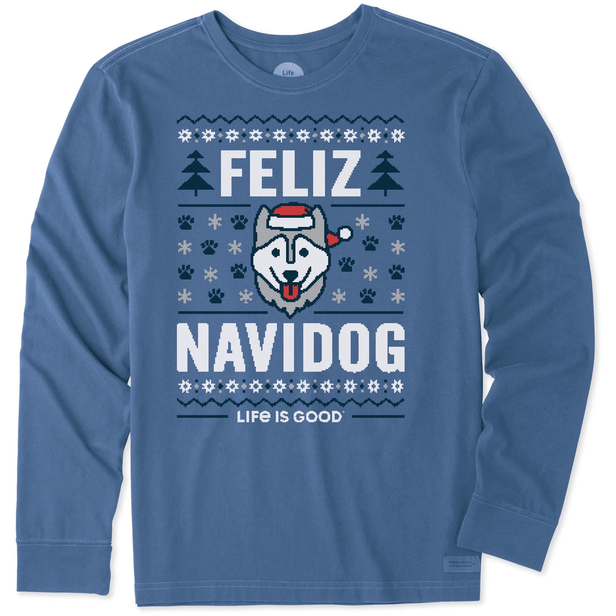 Men's Ugly Sweater Feliz Navidog Long Sleeve Crusher Tee Sport Flex Active Design