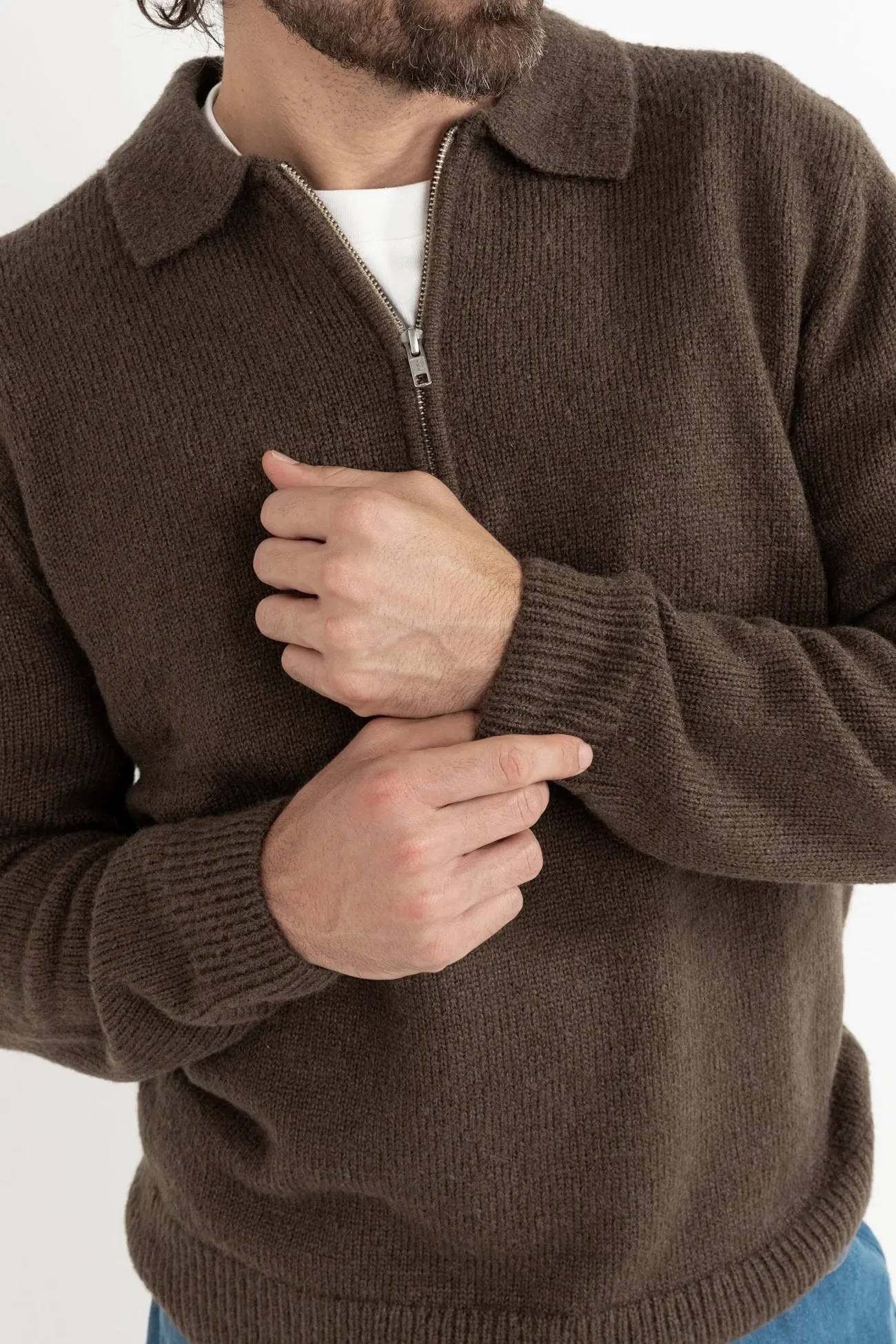 Quarter Zip Knit Dark Brown Ocean Glow Sustainable Manufacturing