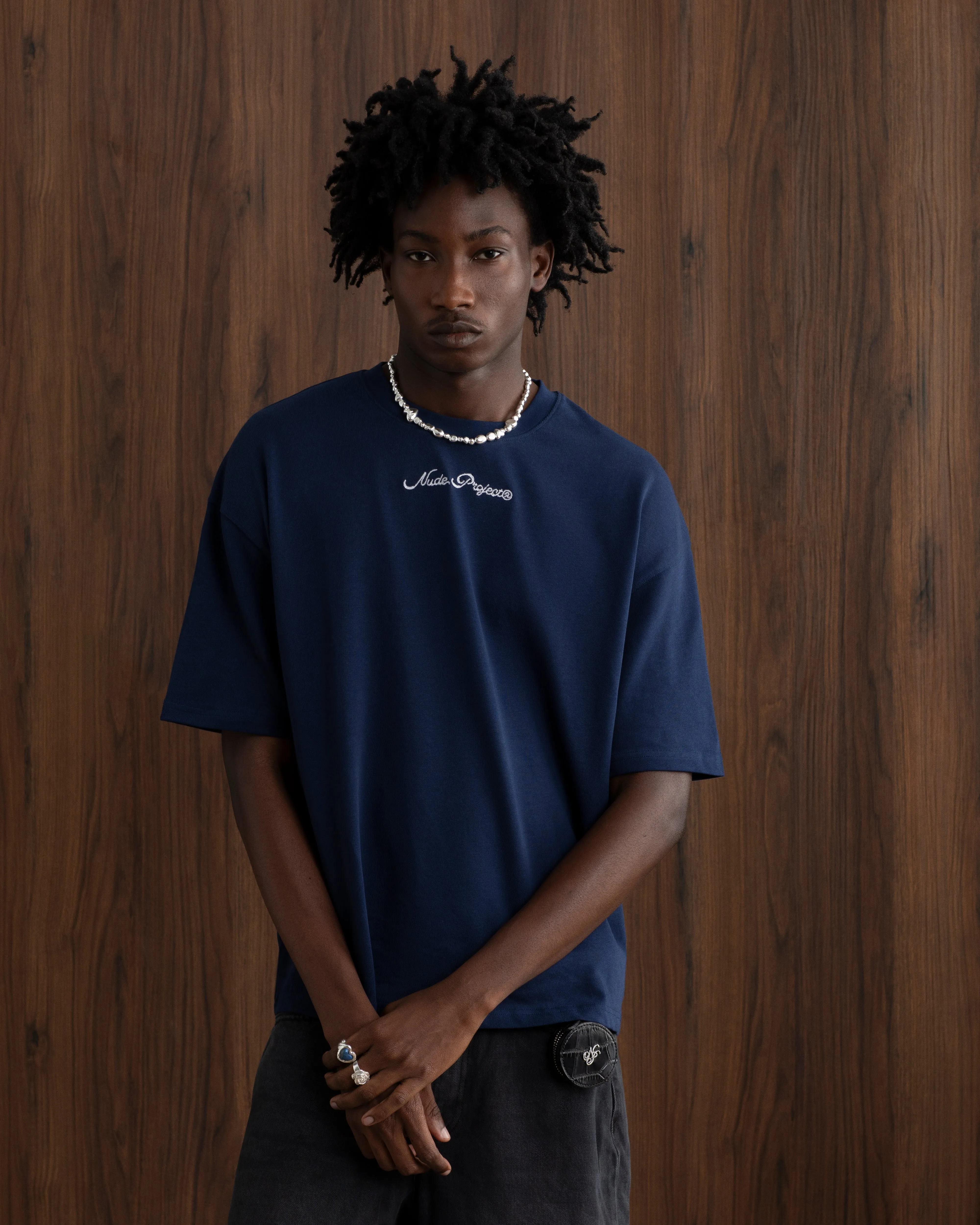 Peach Tee Navy Sporty Design Ribbed Collar Trim