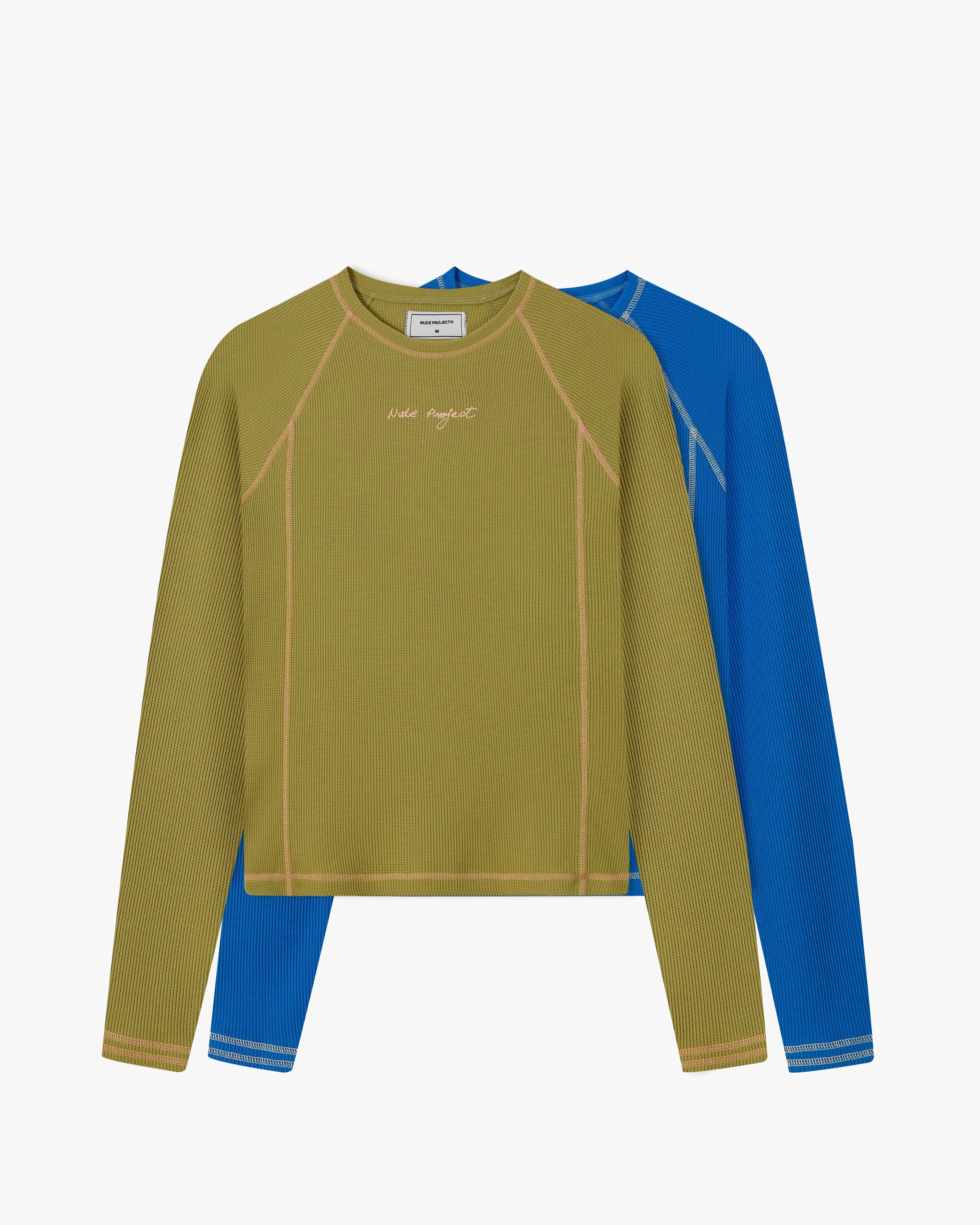 Casual Performance Quality Fabric Waffle Long-Sleeve Tee 2 Pack Green/Blue