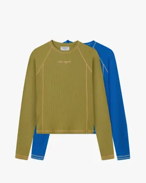 Casual Performance Quality Fabric Waffle Long-Sleeve Tee 2 Pack Green/Blue