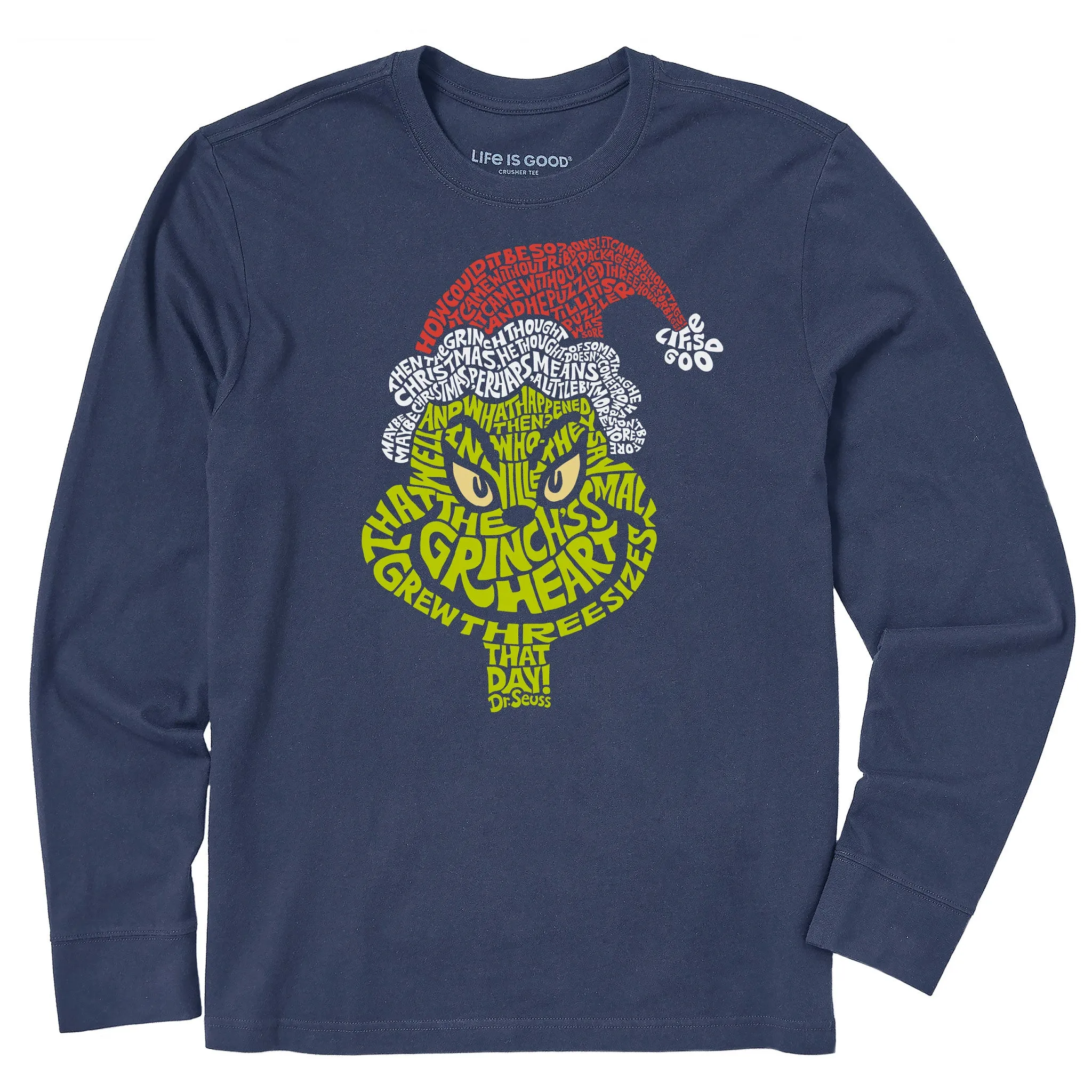 Non Restrictive Cut Fun and Comfortable Men's Wordy Grinch Long Sleeve Crusher Tee