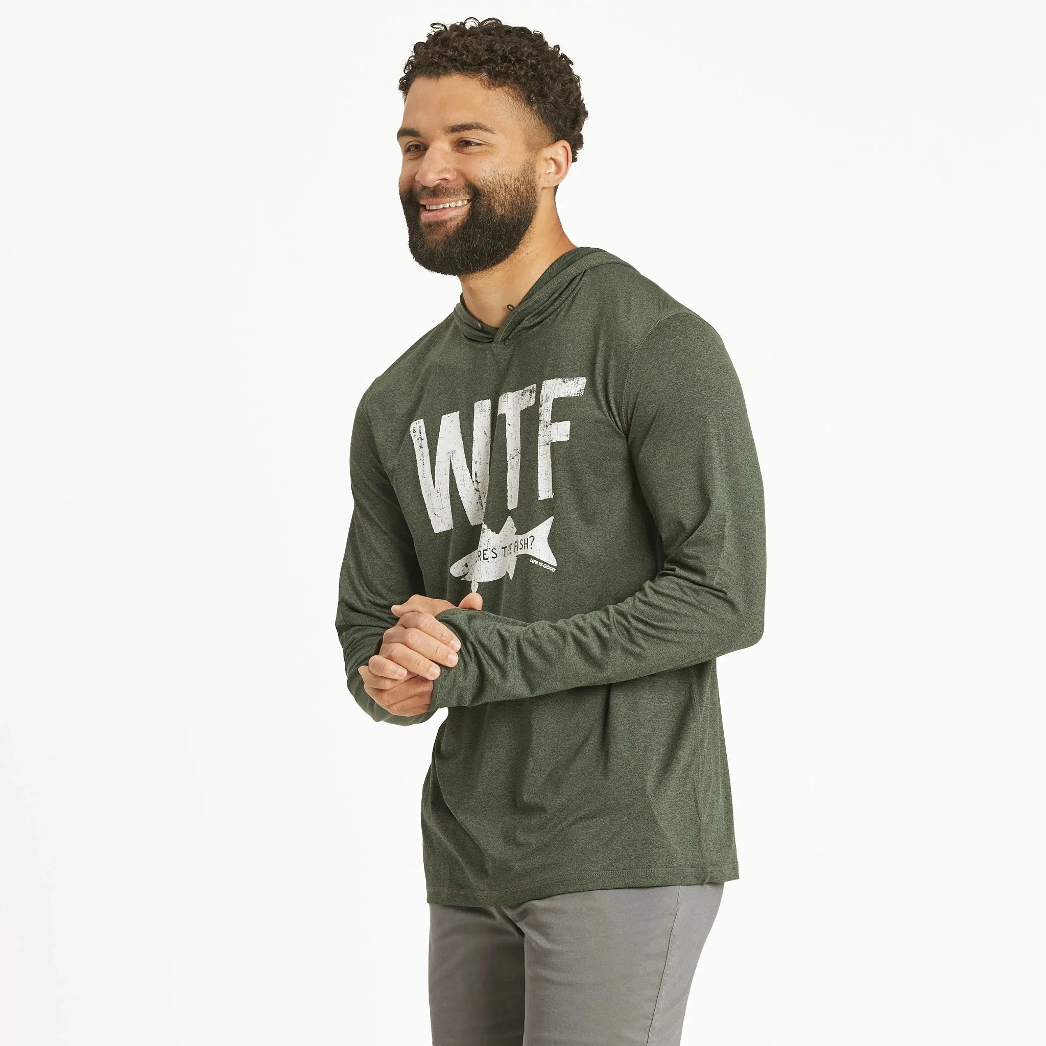 oversized but not shapeless Men's WTF Long Sleeve Active Hooded Tee