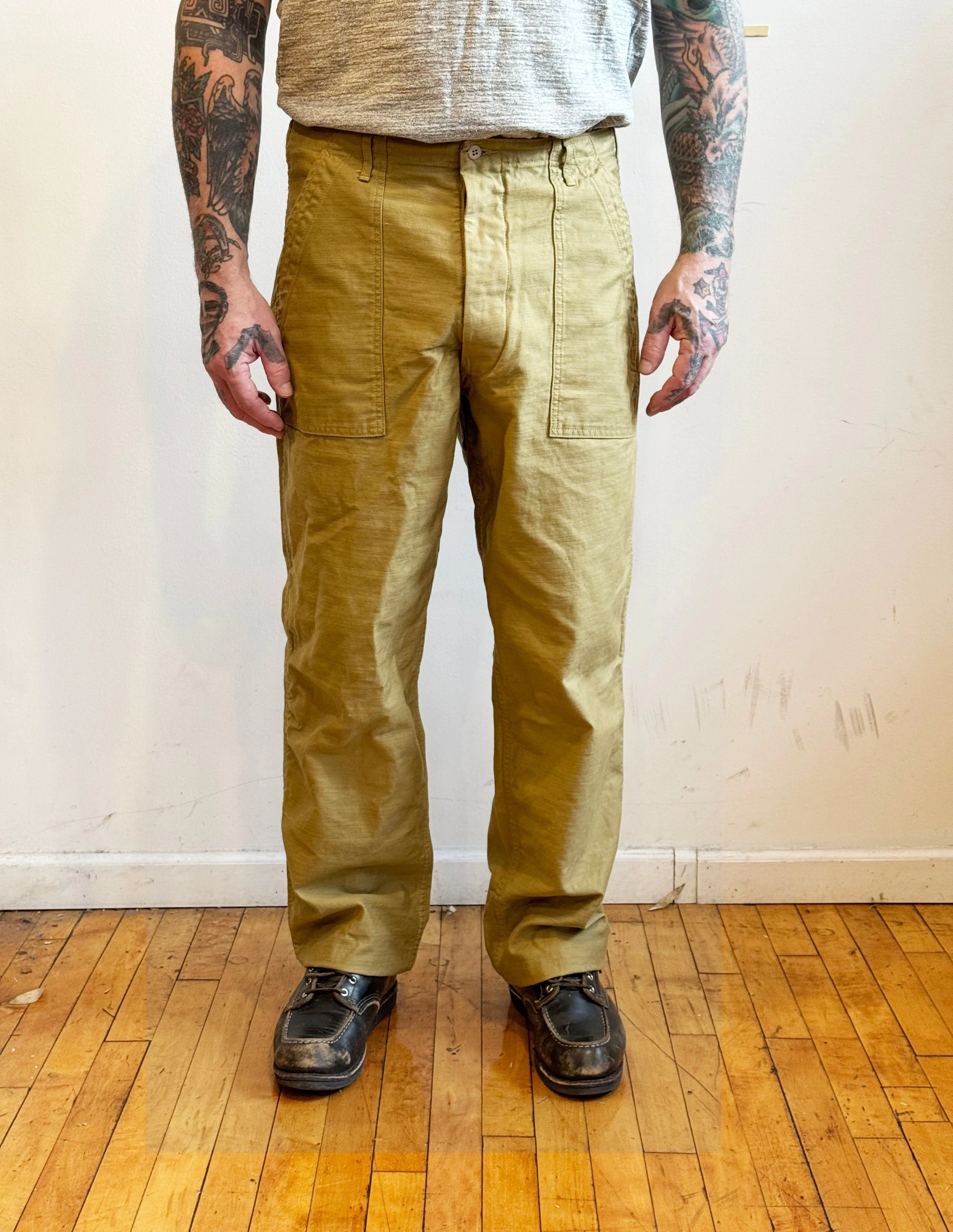 107 60's era GI chinos in 12 oz West Point Khaki Baker Back Cotton Satin All Purpose