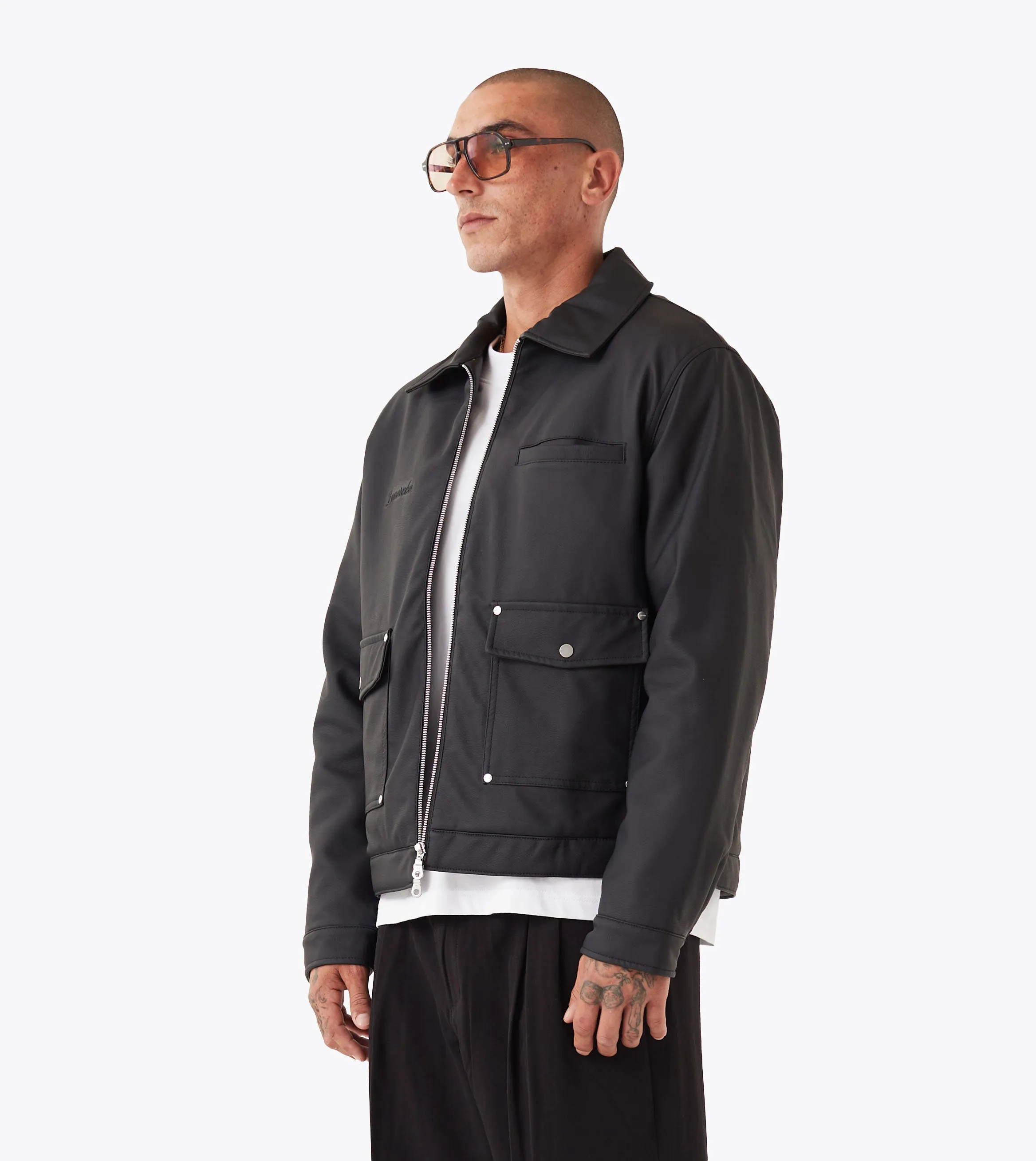 Faux Leather Aviator Jacket Black Crisp Look Layered Wind Barrier