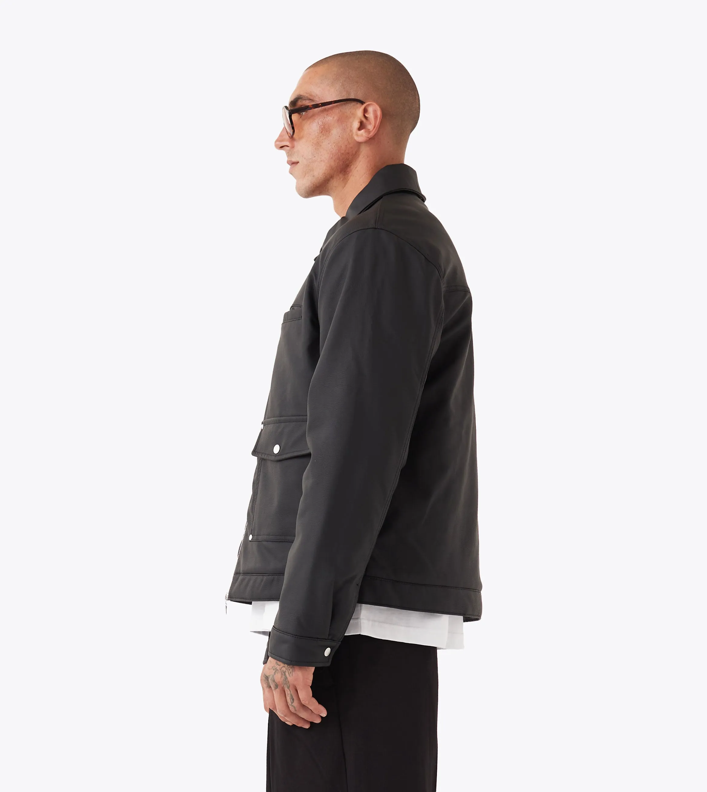 Wind Resistant Coating Adjustable Drawstring Waist Faux Leather Aviator Jacket Black