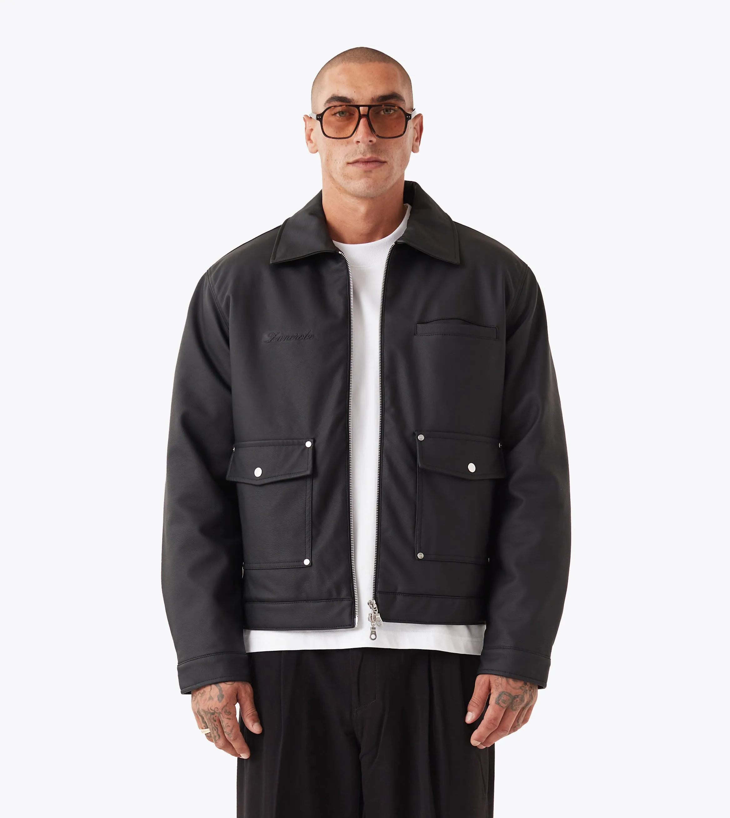 Plaid Print Reinforced Shoulders Faux Leather Aviator Jacket Black