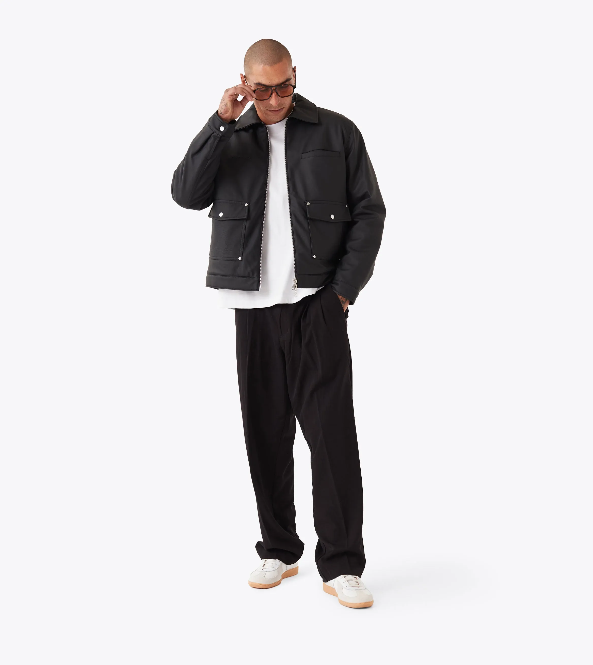 Faux Leather Aviator Jacket Black Waist String