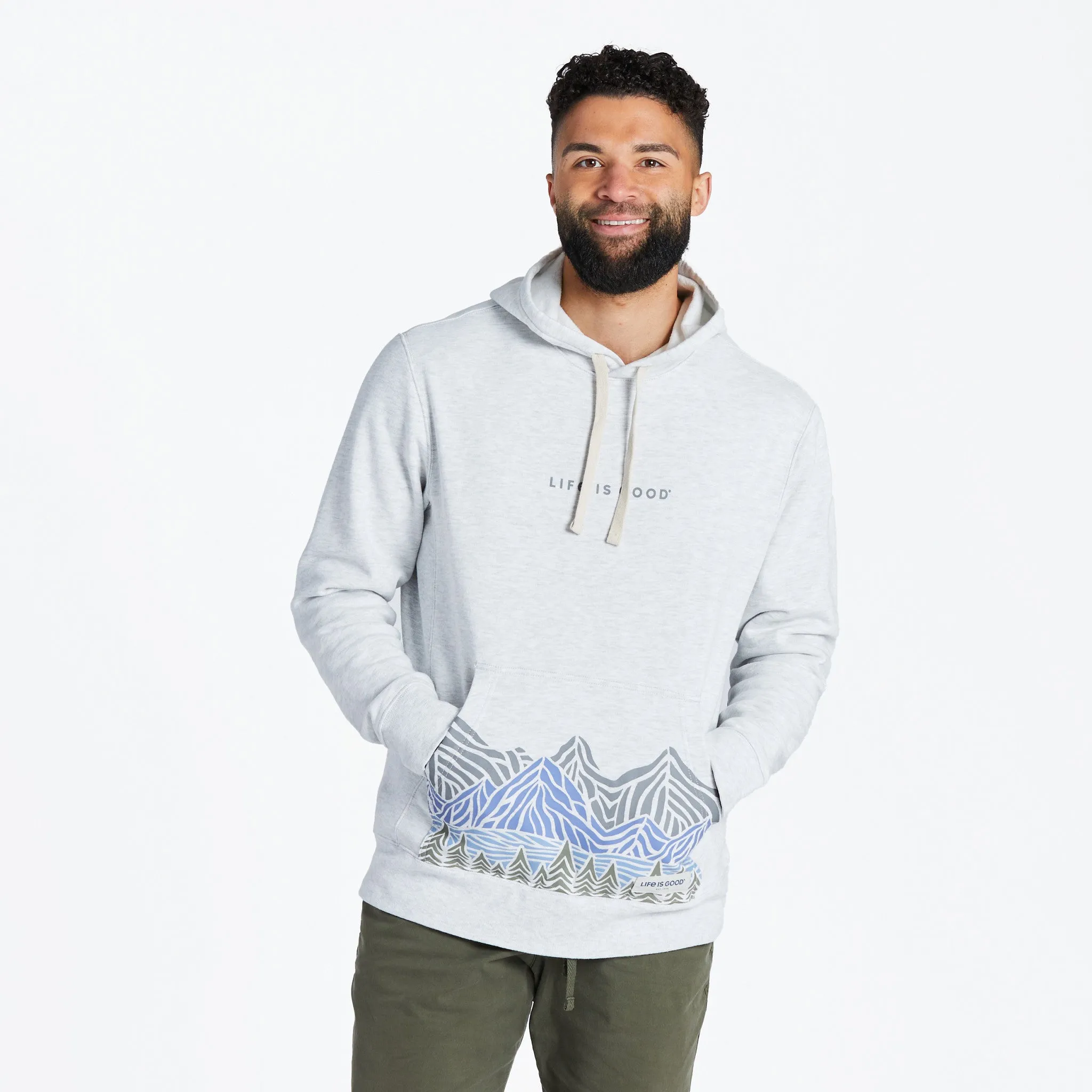 Men's Woodblock Mountain Scene Simply True Fleece Hoodie Layered Comfort