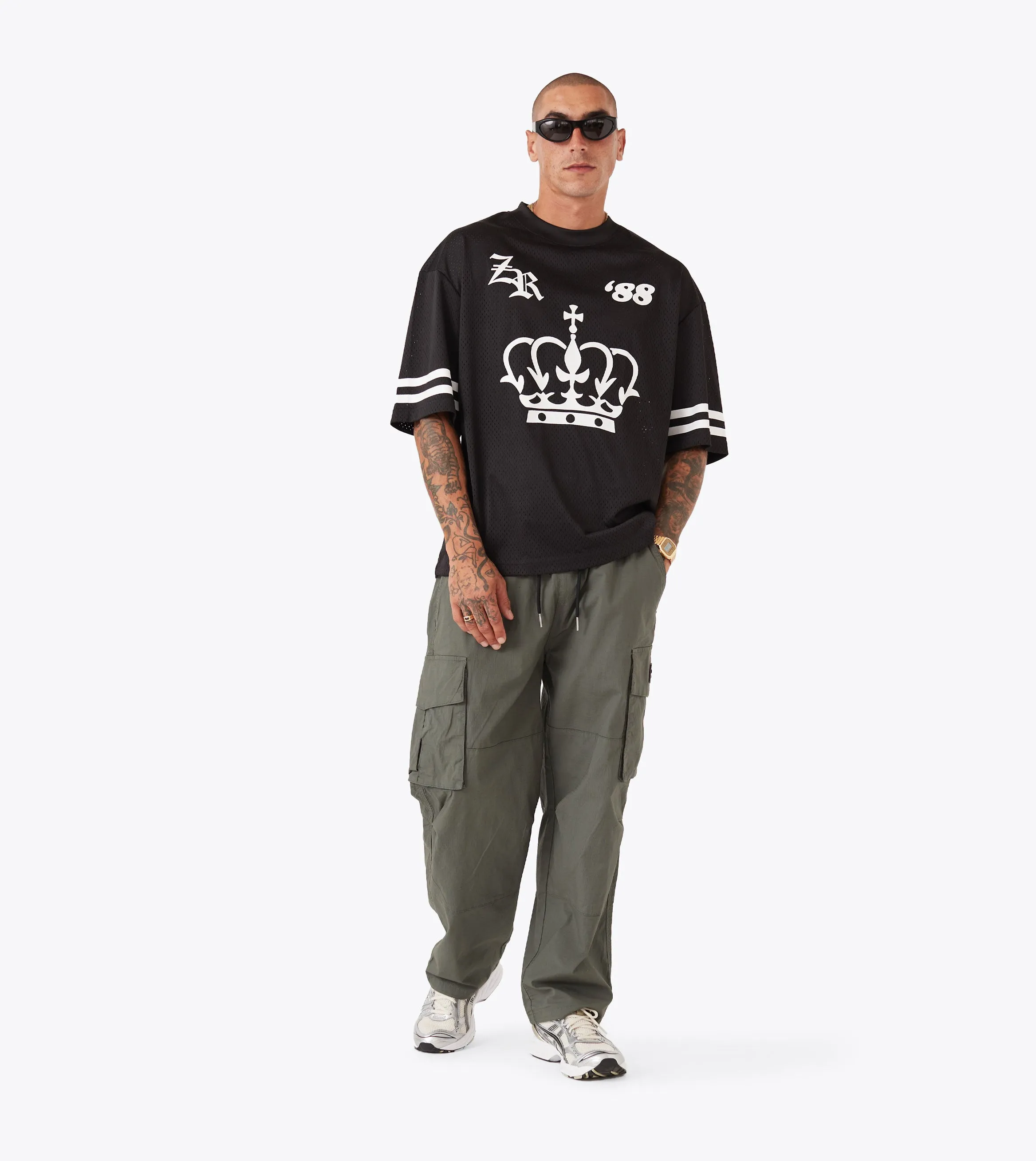 Streetwear Style Cross Grain Knit Mesh Baseball Tee Black