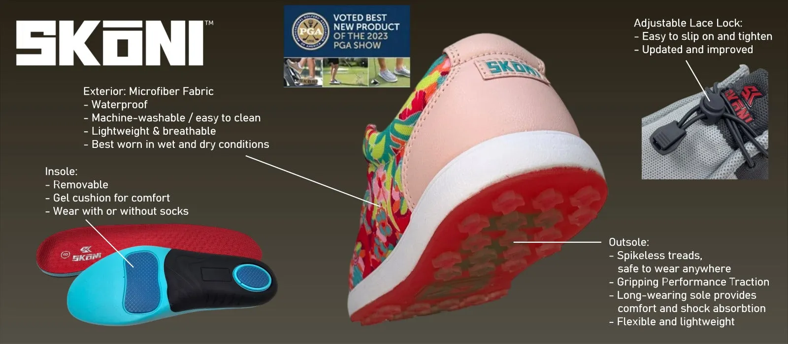 SK??NI Men's Golf Shoe Waterproof- Pink Floral Quick Flex Body Stability