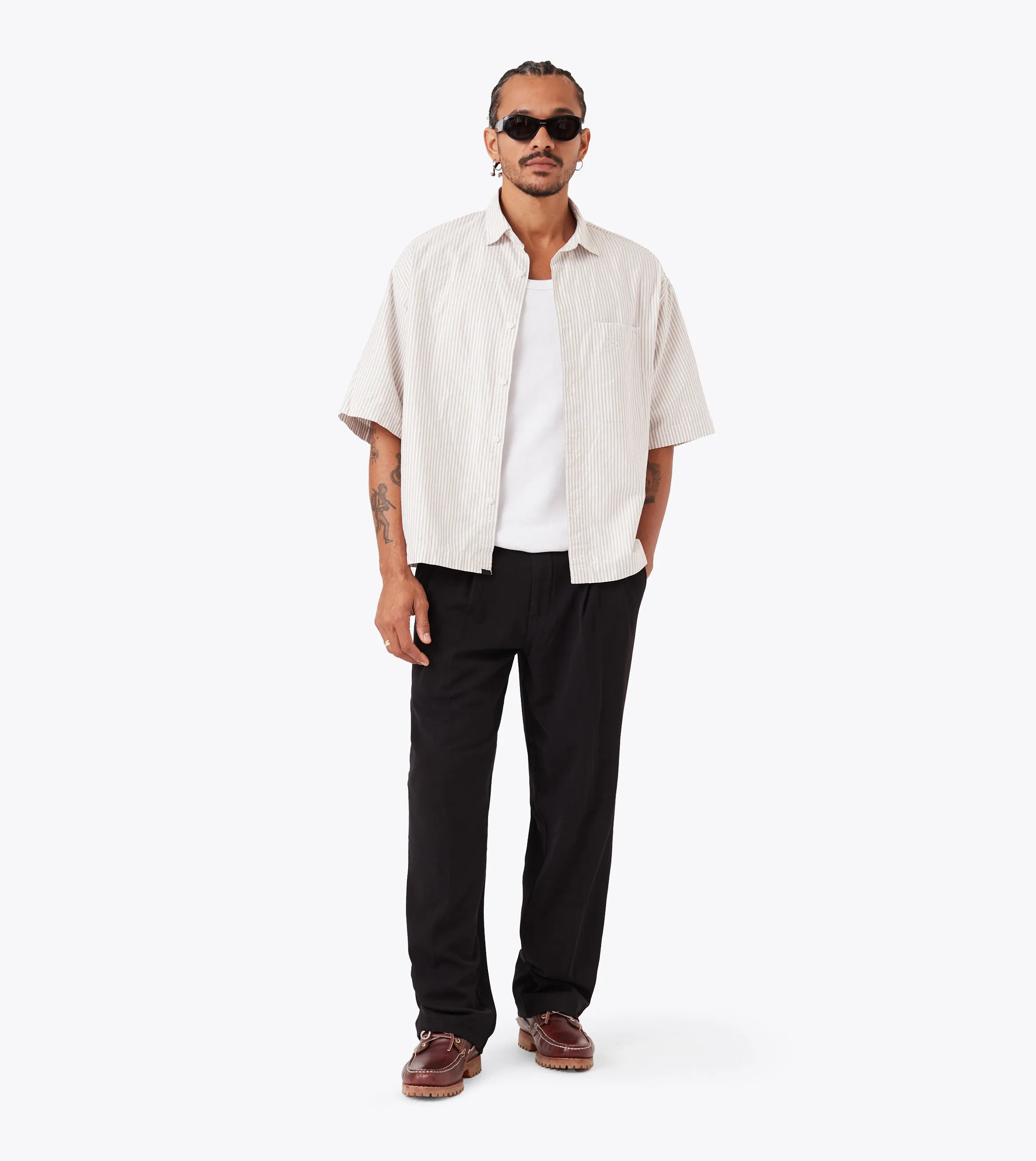 Box Crop Shirt Beige Stripe UVProtectionFabric