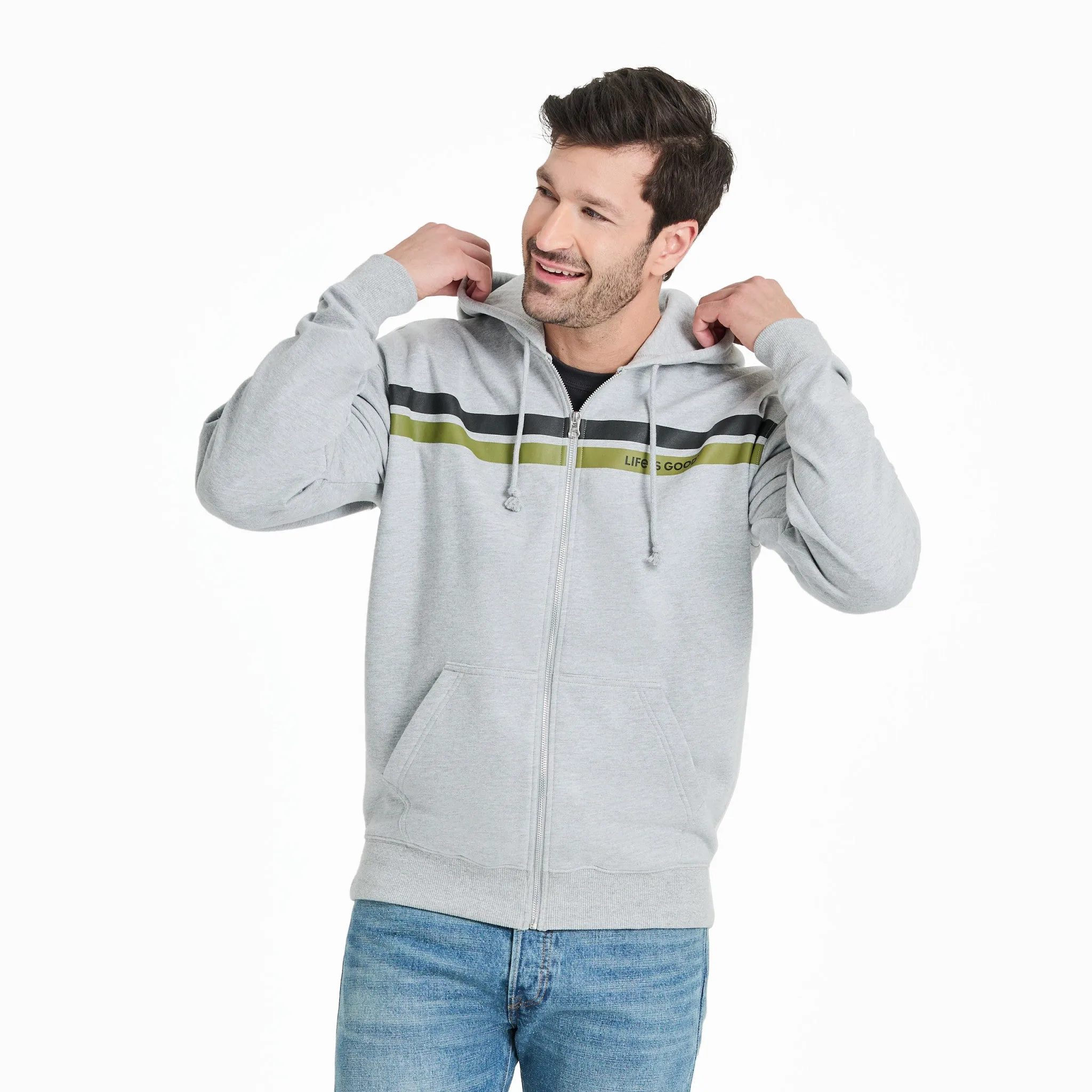 product mountain style allure Simple Look Men's Two Stripe Block Good Vibes Fleece Zip Hoodie