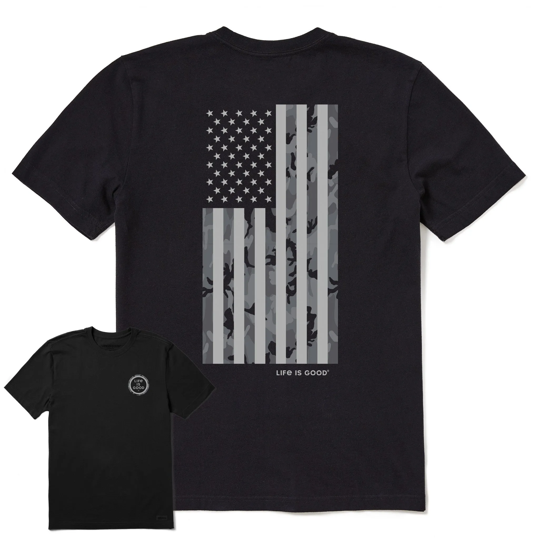 Versatile and Stylish Street Smart Look Men's Vertical USA Flag B&W Camo Short Sleeve Crusher Tee