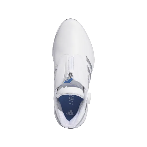 Reinforced Modern Adidas Solarmotion BOA 24 Spikeless Golf Shoes - Cloud White / Silver Metallic / Blue Burst